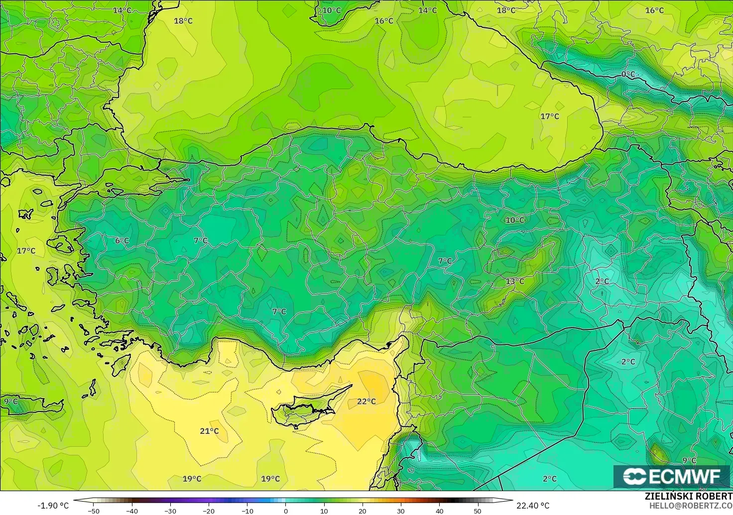 ECMWF IFS 0,25° modelo - Turquia, Ponto de orvalho a 2 m