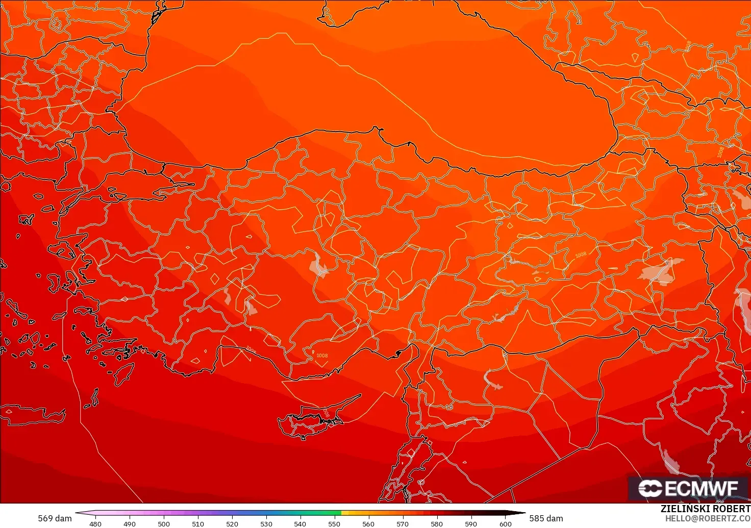 ECMWF IFS 0,25° modelo - Turquia, Altura geopotencial a 500 hPa