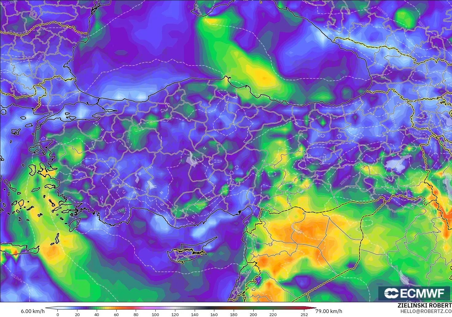 ECMWF IFS 0,25° modelo - Turquia, Rajadas de vento