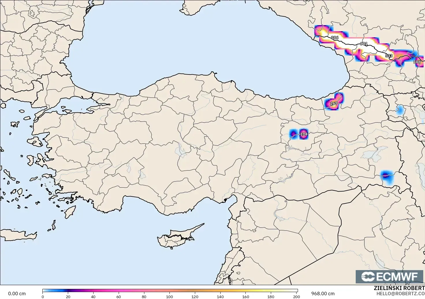 ECMWF IFS 0,25° modelo - Turquia, Profundidade da neve