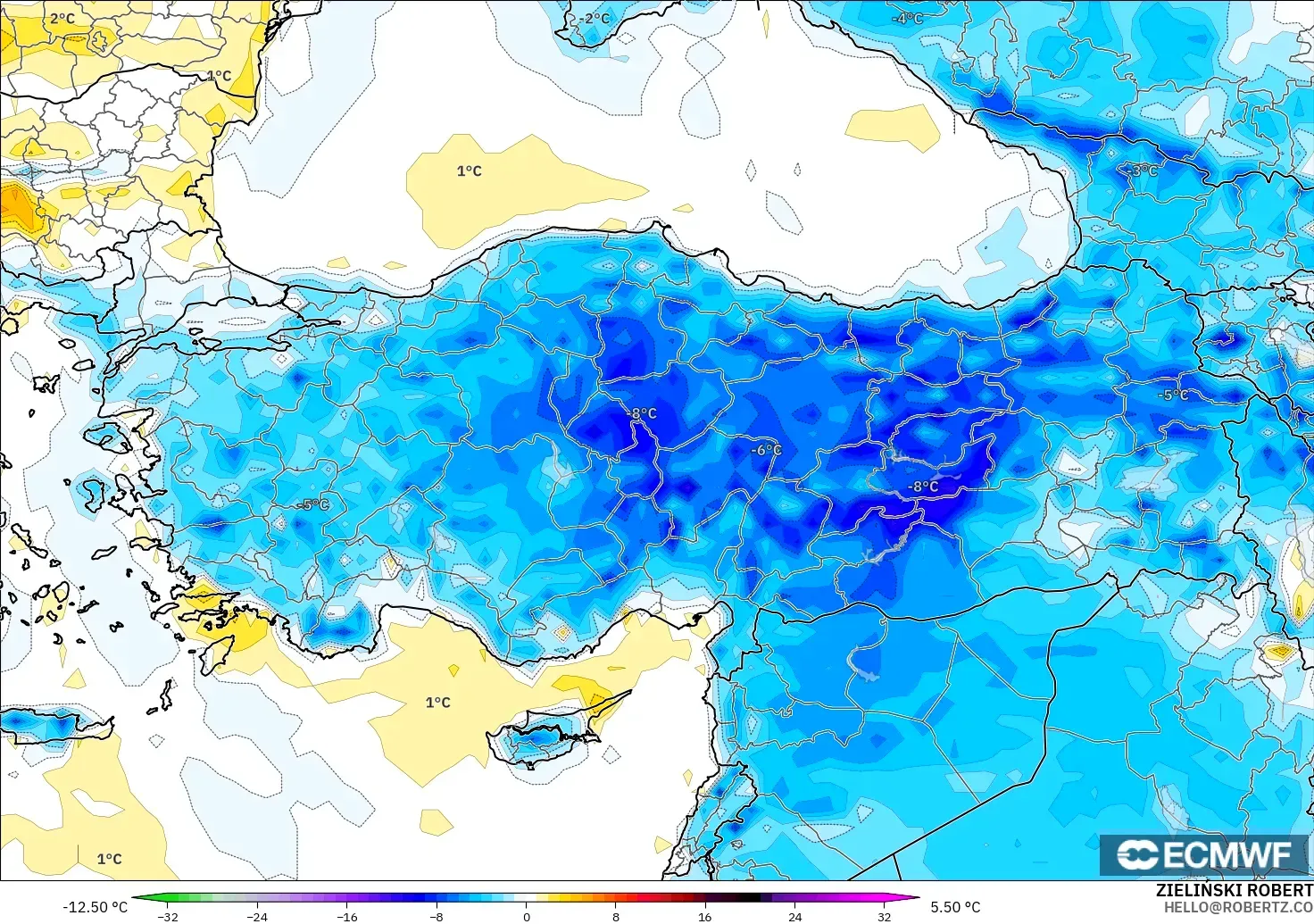ECMWF IFS 0,25° modelo - Turquia, Anomalia de temperatura a 2 m