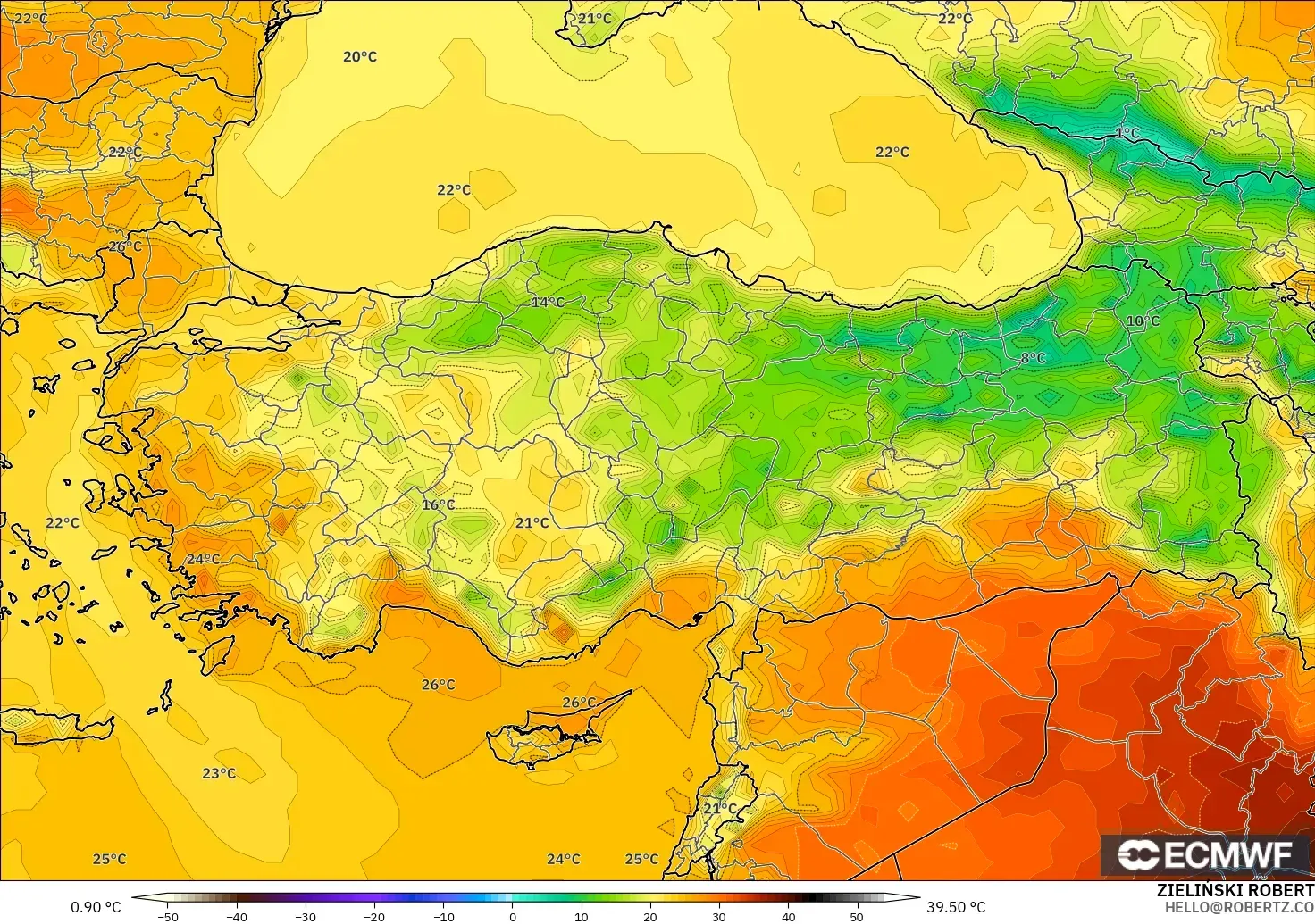 ECMWF IFS 0,25° modelo - Turquia, Temperatura a 2 m