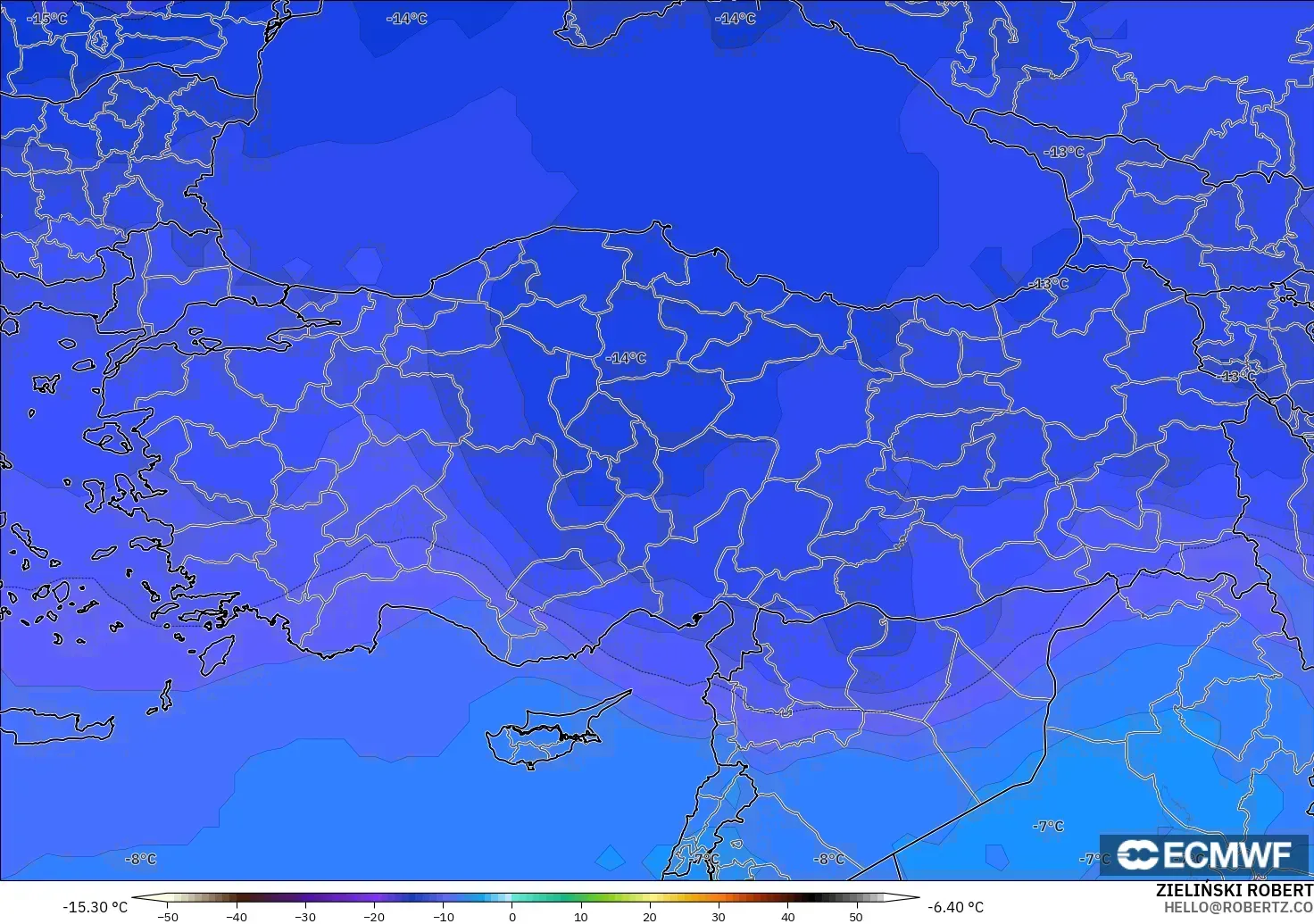 ECMWF IFS 0,25° modelo - Turquia, Temperatura a 500 hPa