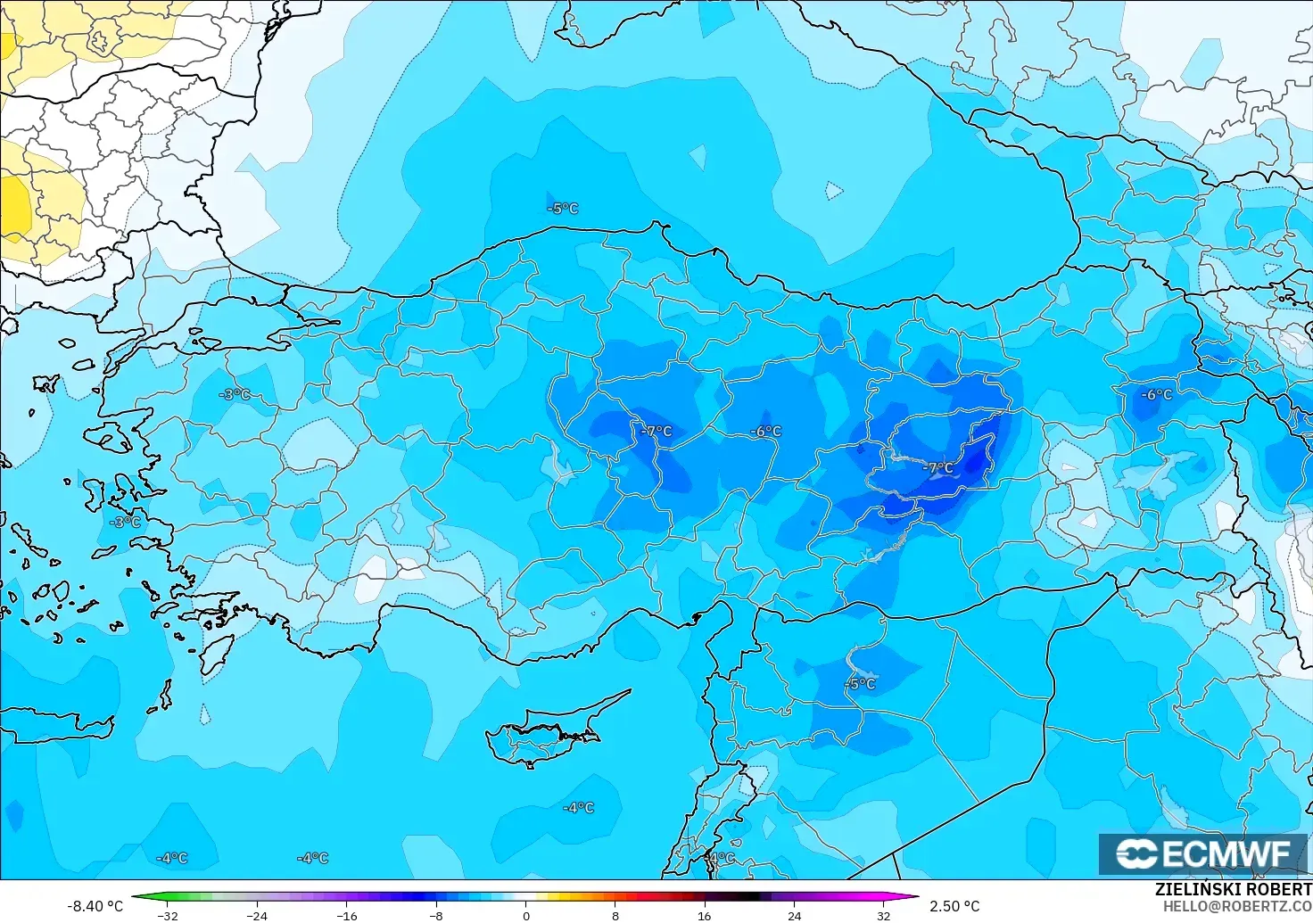 ECMWF IFS 0,25° modelo - Turquia, Anomalia de temperatura a 850 hPa
