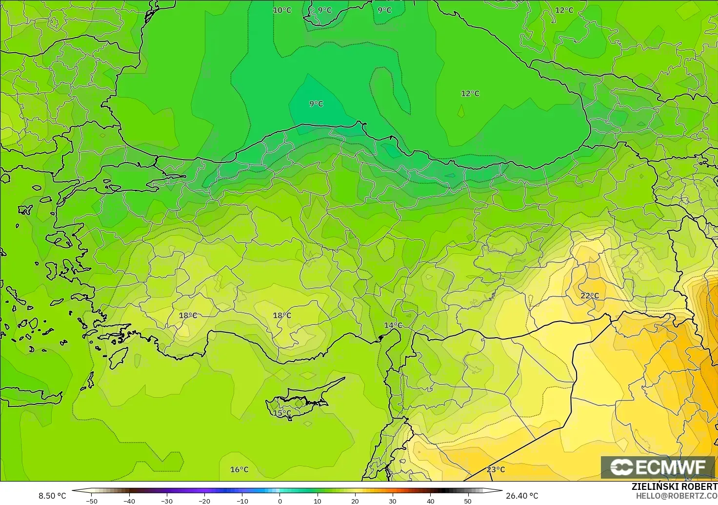 ECMWF IFS 0,25° modelo - Turquia, Temperatura a 850 hPa