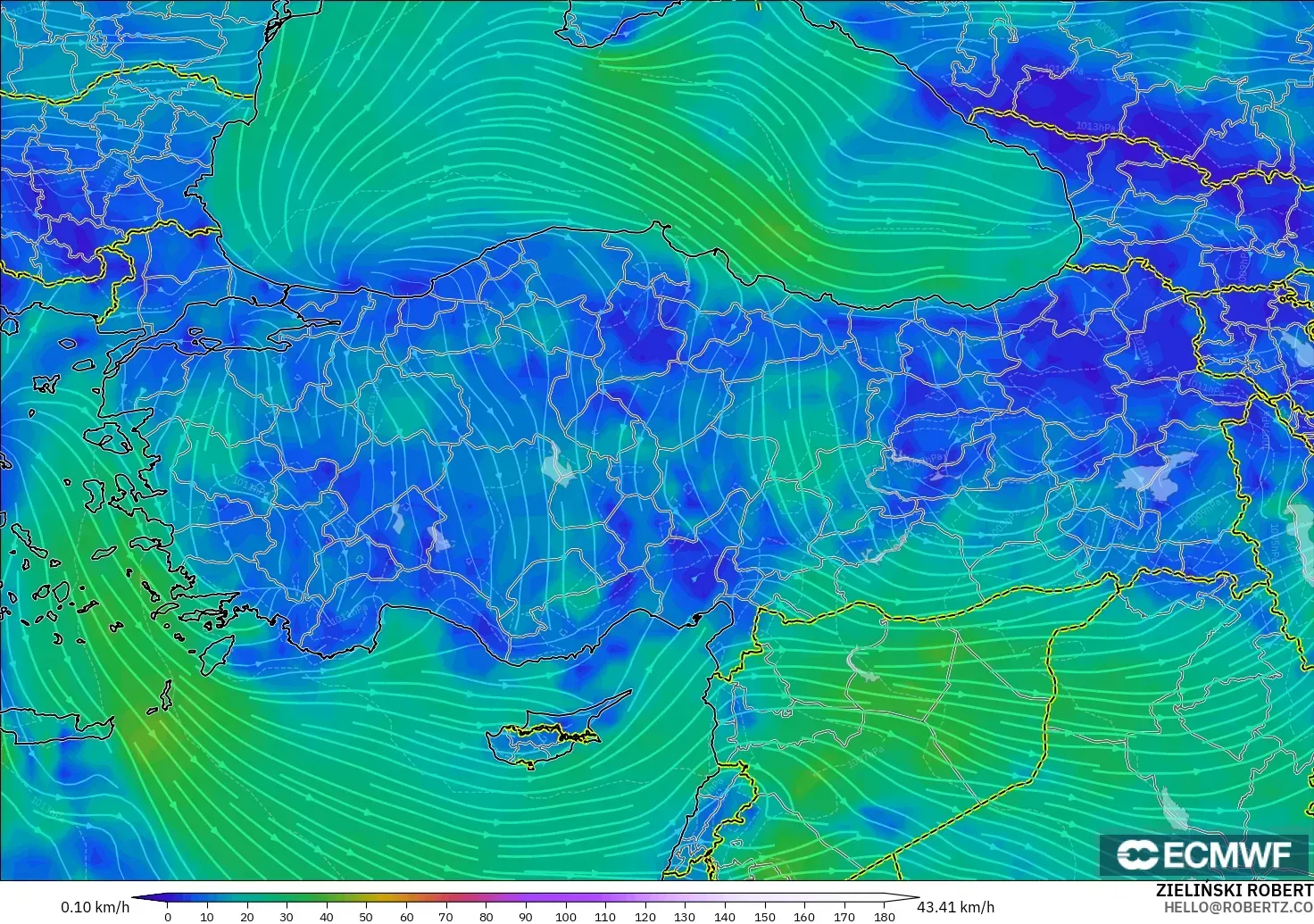 ECMWF IFS 0,25° modelo - Turquia, Vento a 10 m