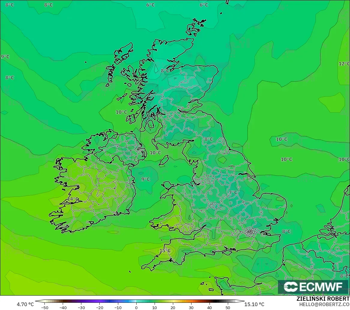 ECMWF IFS 0,25° modelo - Reino Unido, Ponto de orvalho a 2 m