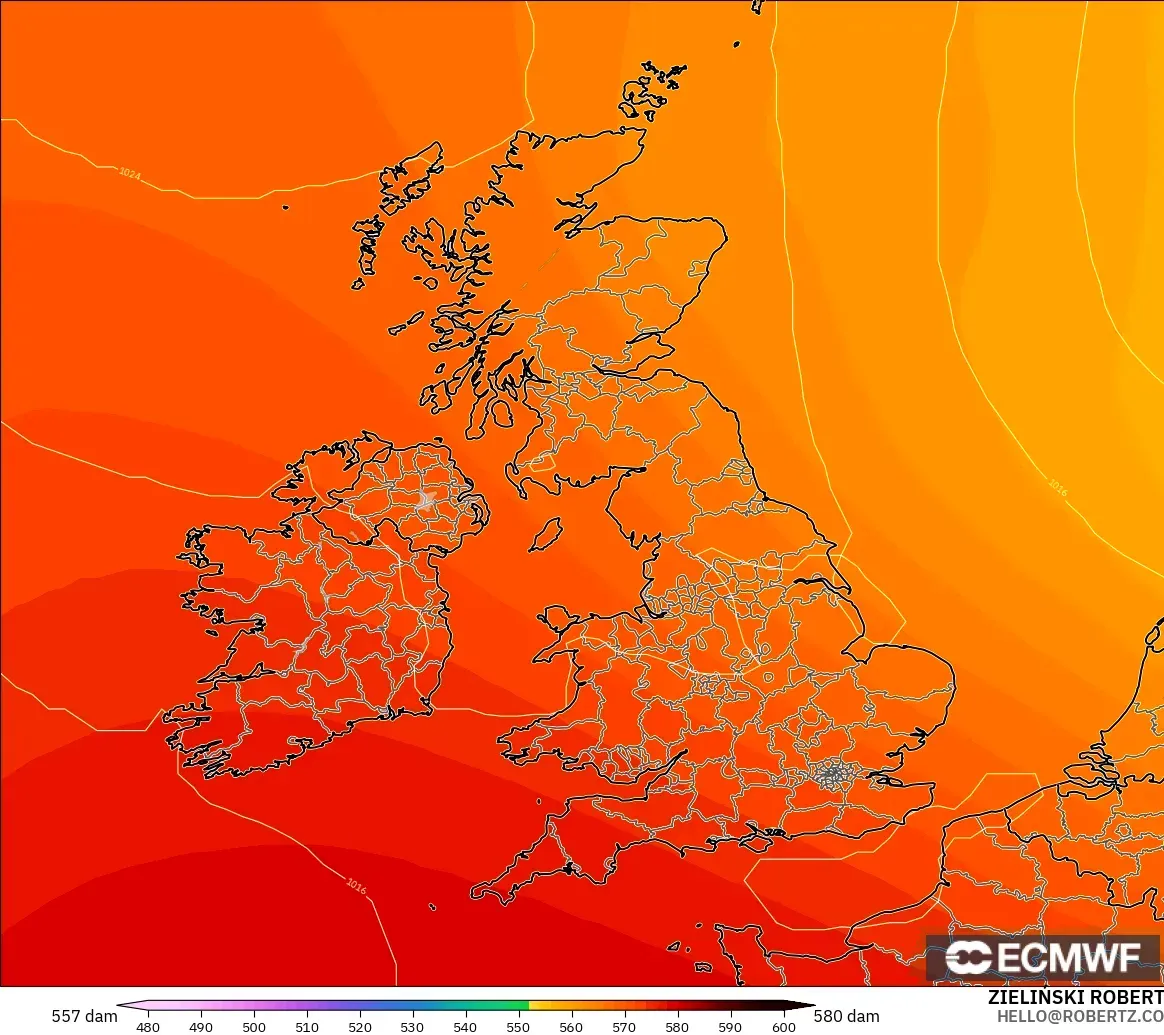 ECMWF IFS 0,25° modelo - Reino Unido, Altura geopotencial a 500 hPa