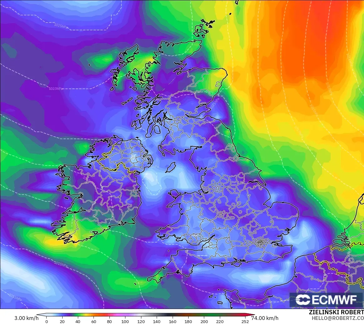 ECMWF IFS 0,25° modelo - Reino Unido, Rajadas de Vento Máximas