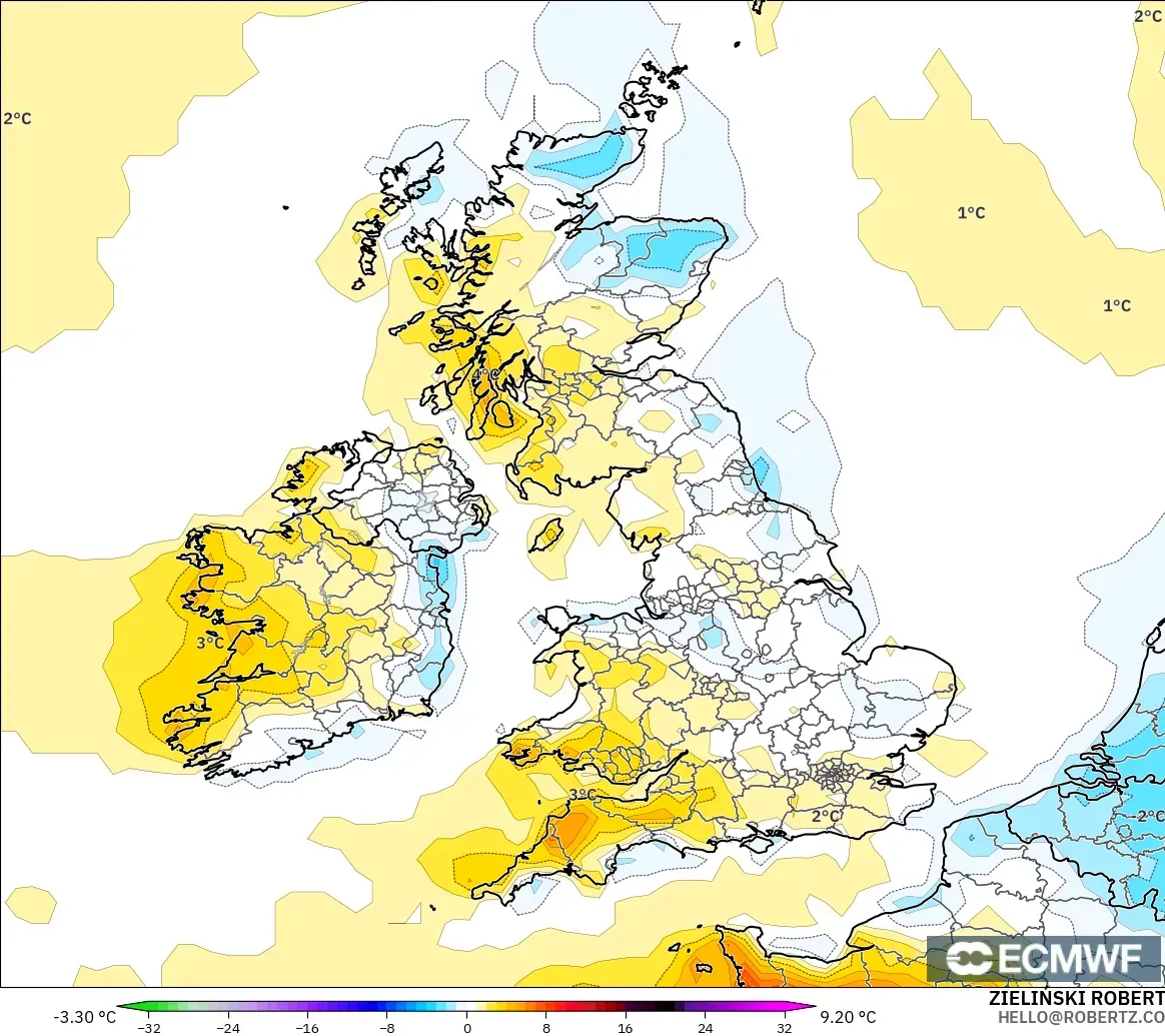 ECMWF IFS 0,25° modelo - Reino Unido, Anomalia de temperatura a 2 m