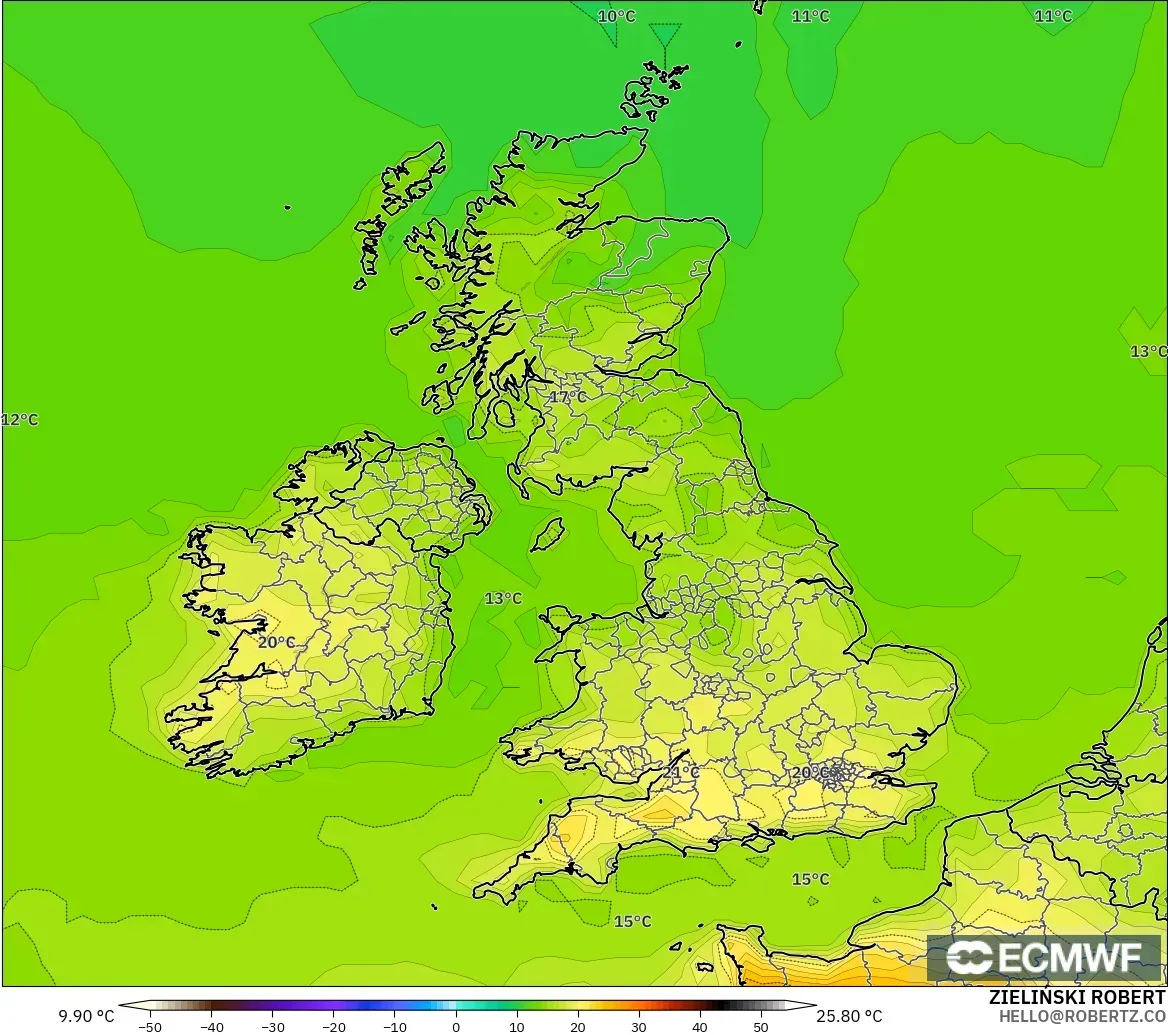 ECMWF IFS 0,25° modelo - Reino Unido, Temperatura a 2 m