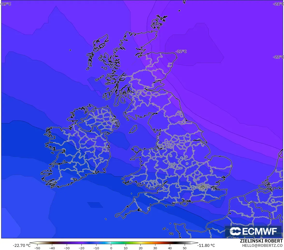 ECMWF IFS 0,25° modelo - Reino Unido, Temperatura a 500 hPa