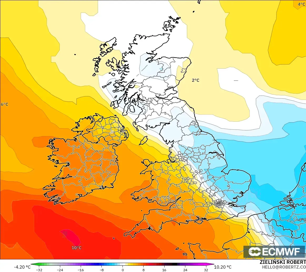 ECMWF IFS 0,25° modelo - Reino Unido, Anomalia de temperatura a 850 hPa