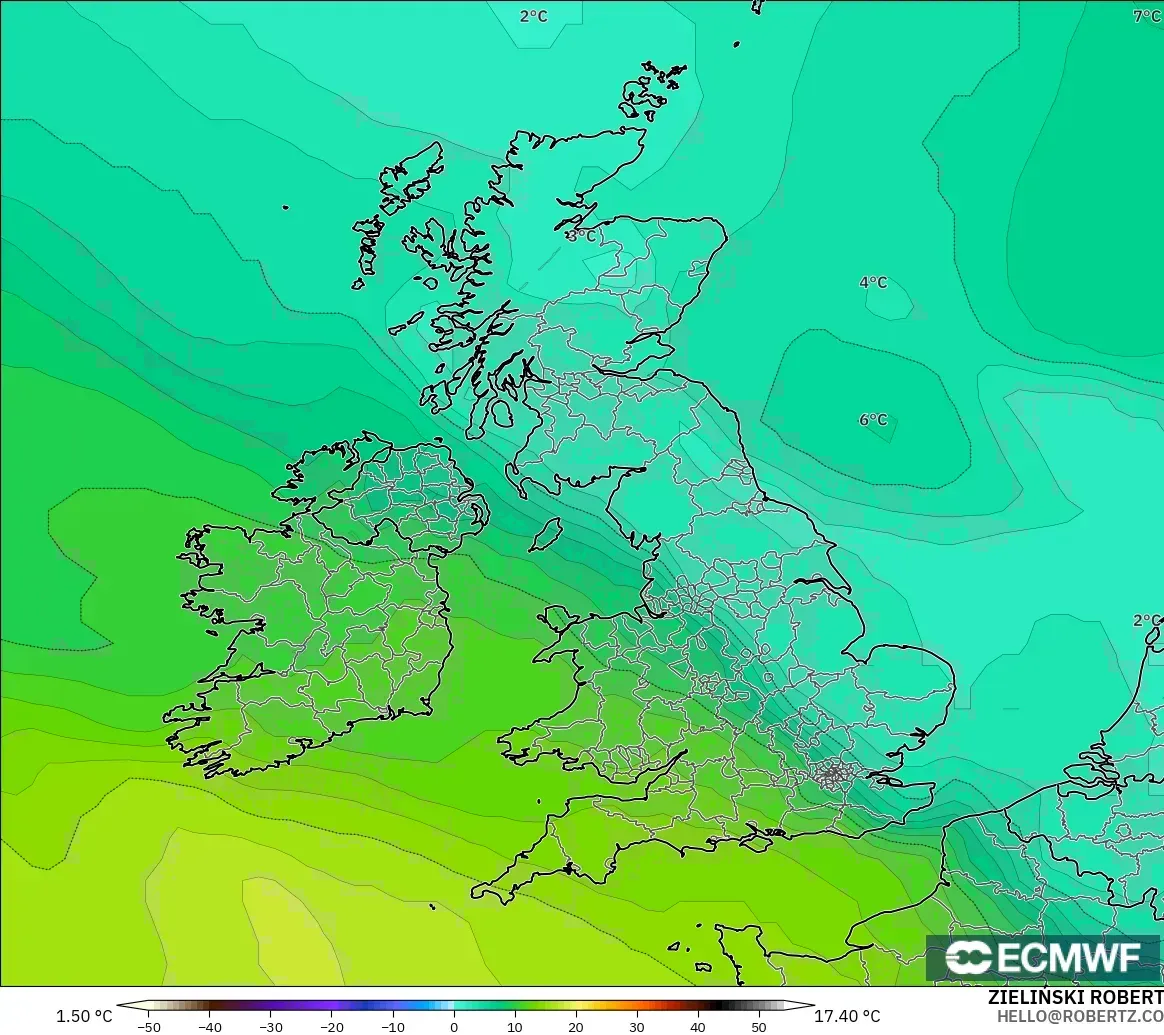 ECMWF IFS 0,25° modelo - Reino Unido, Temperatura a 850 hPa