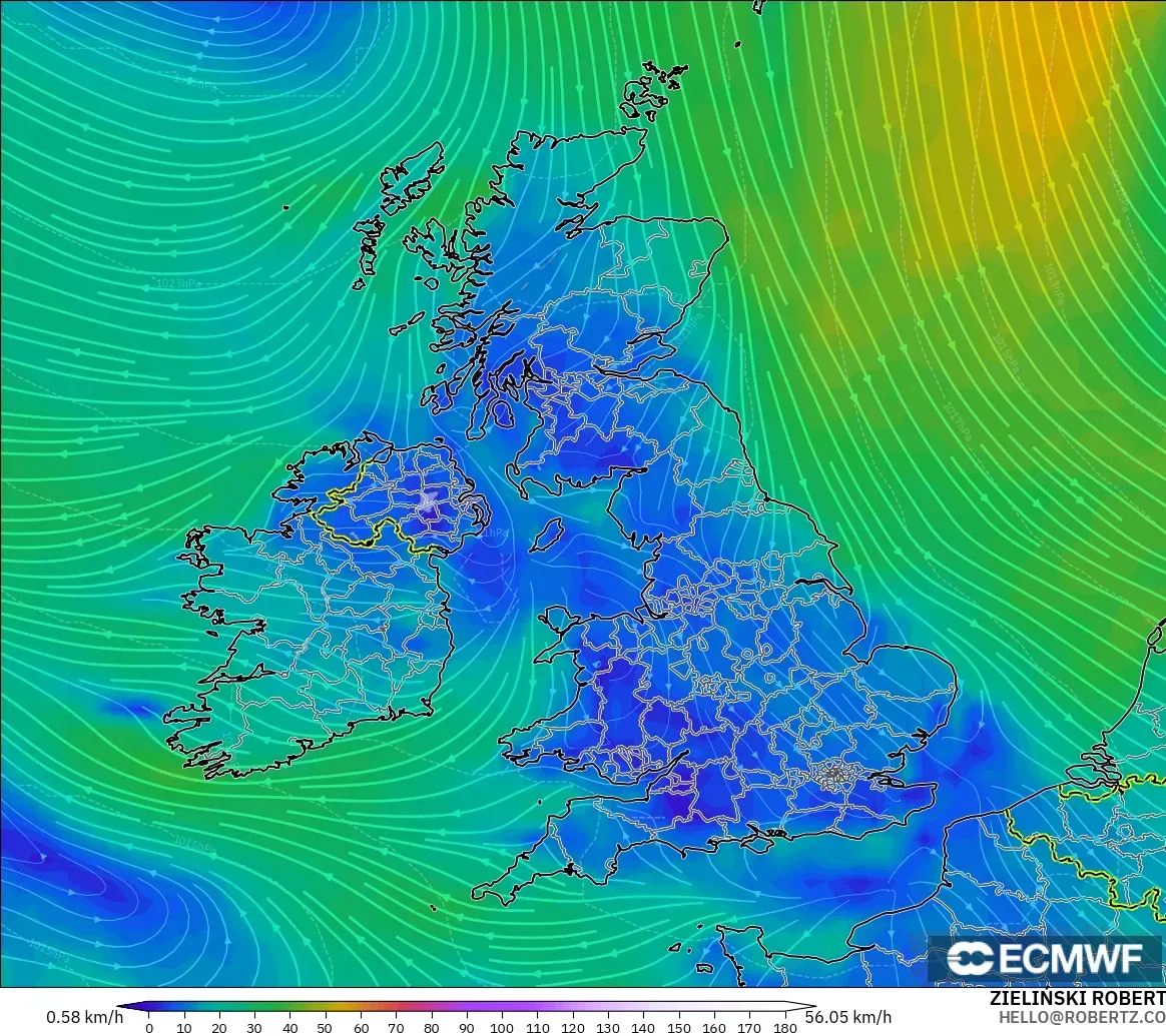 ECMWF IFS 0,25° modelo - Reino Unido, Vento a 10 m