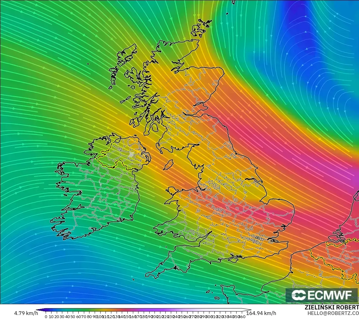 ECMWF IFS 0,25° modelo - Reino Unido, Vento a 300 hPa (corrente em jato)