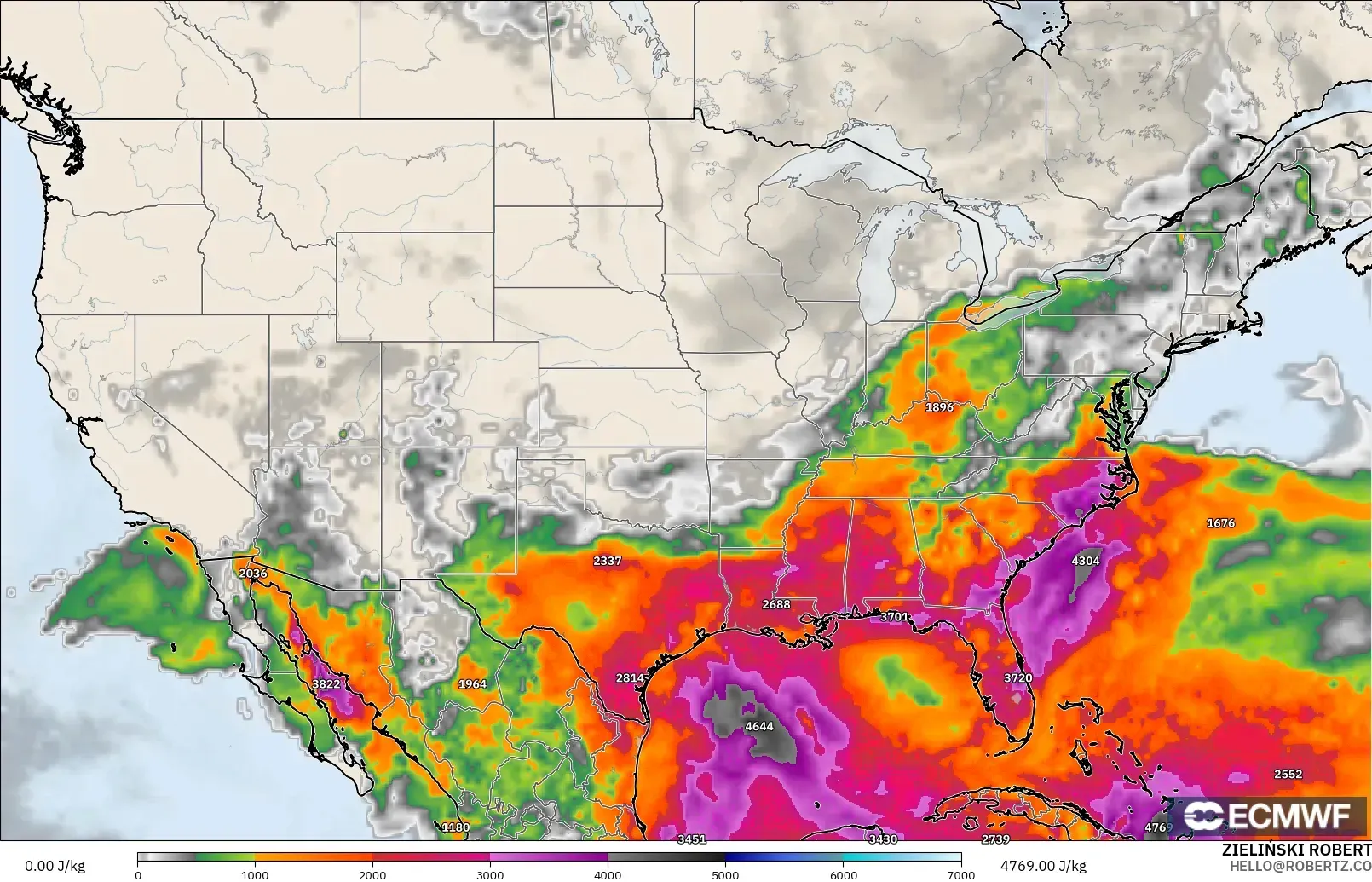 ECMWF IFS 0,25° modelo - Estados Unidos, CAPE
