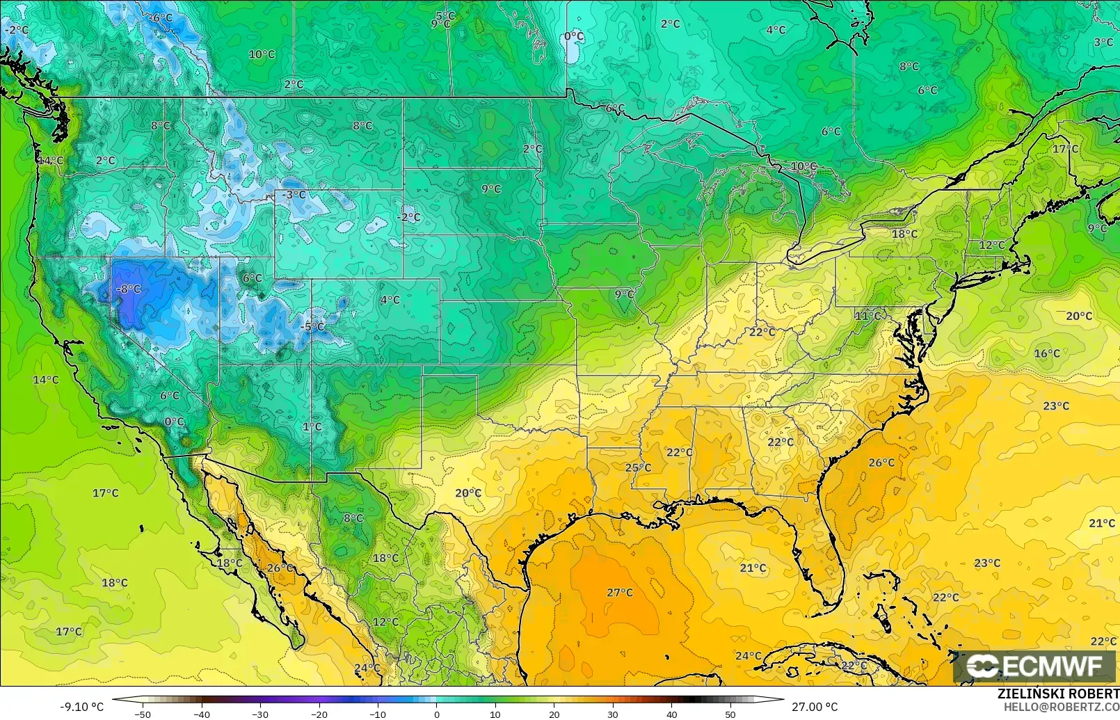 ECMWF IFS 0,25° modelo - Estados Unidos, Ponto de orvalho a 2 m