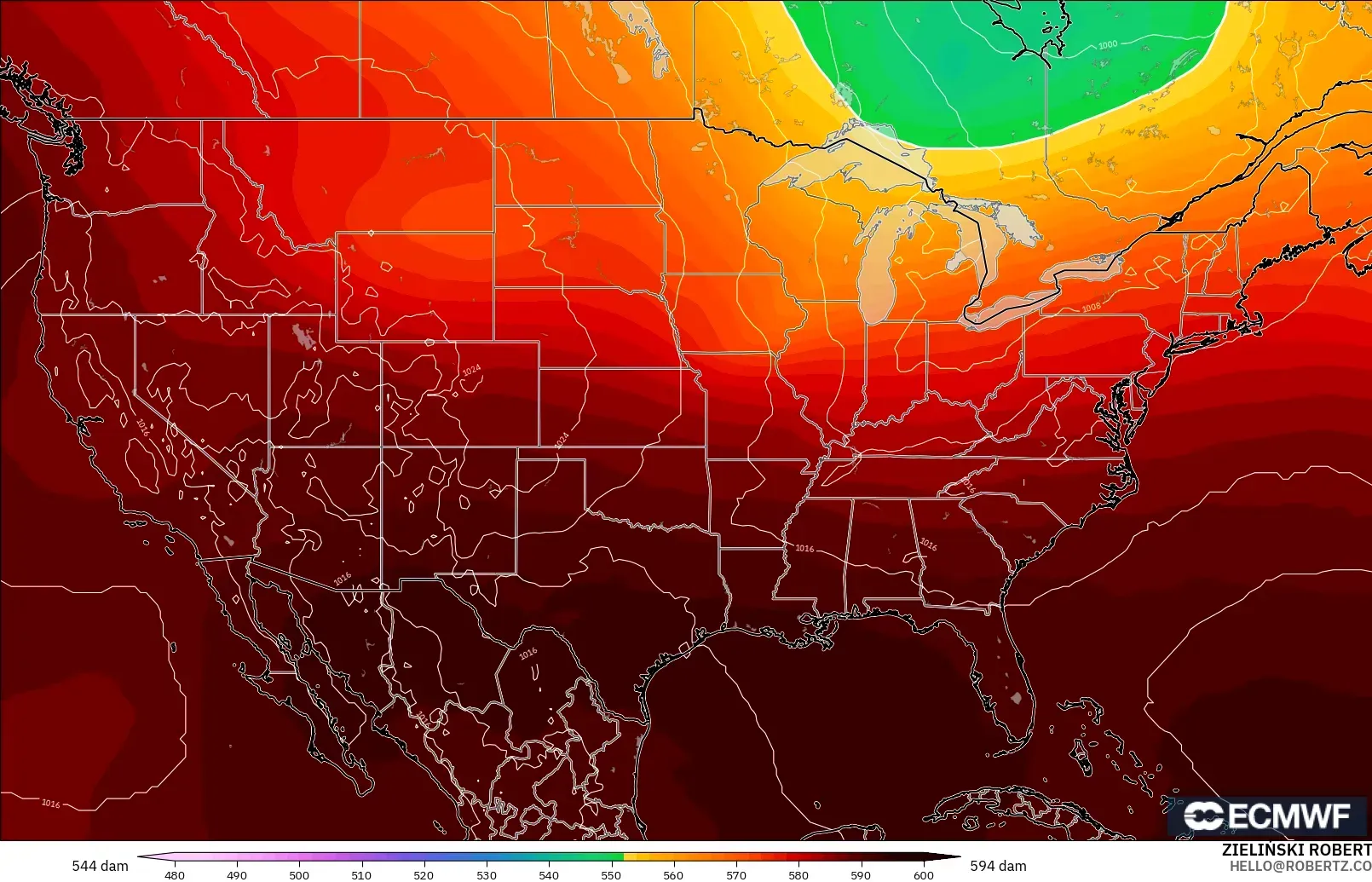 ECMWF IFS 0,25° modelo - Estados Unidos, Altura geopotencial a 500 hPa