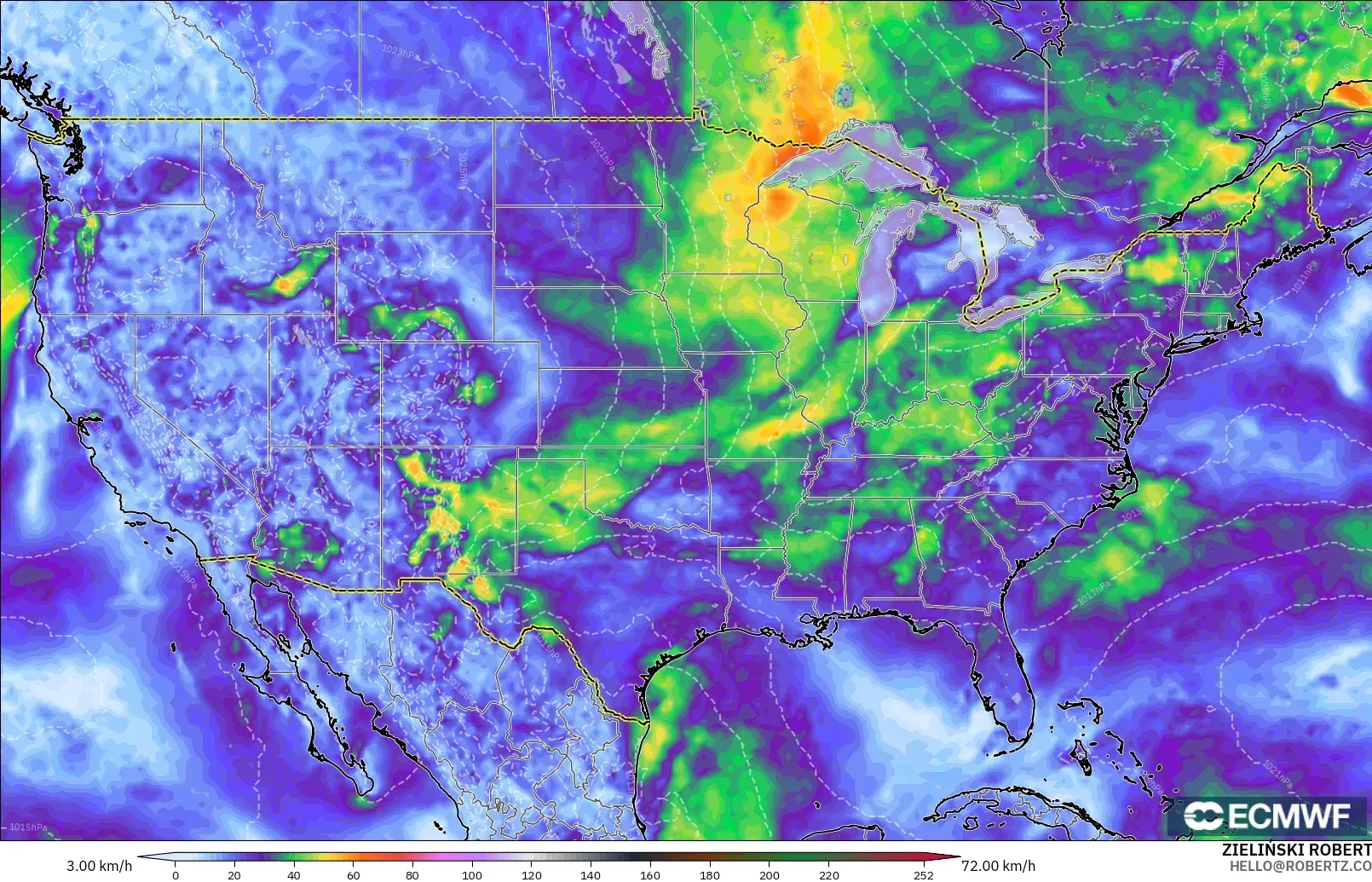 ECMWF IFS 0,25° modelo - Estados Unidos, Rajadas de vento