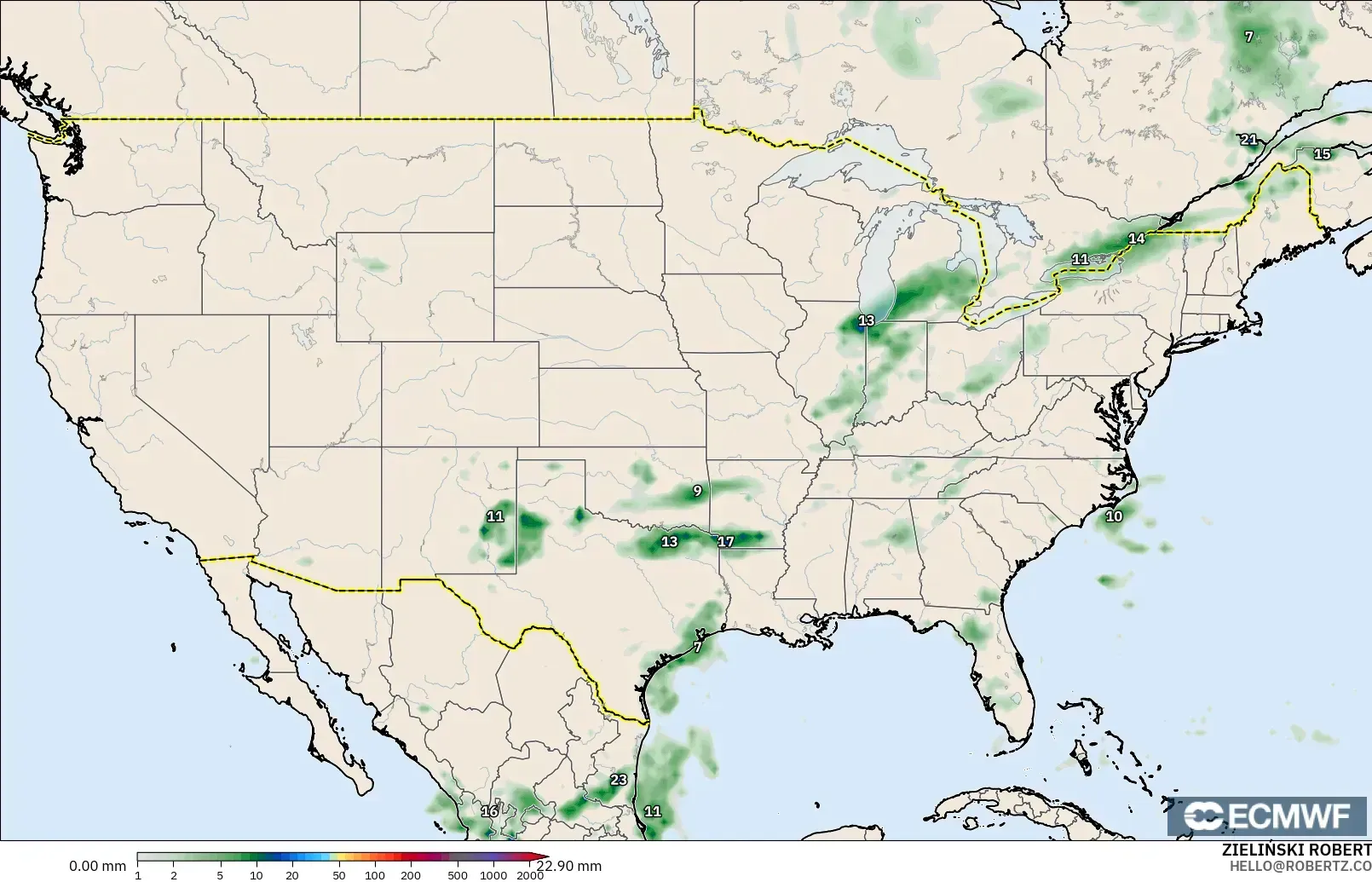 ECMWF IFS 0,25° modelo - Estados Unidos, Acúmulo de precipitação