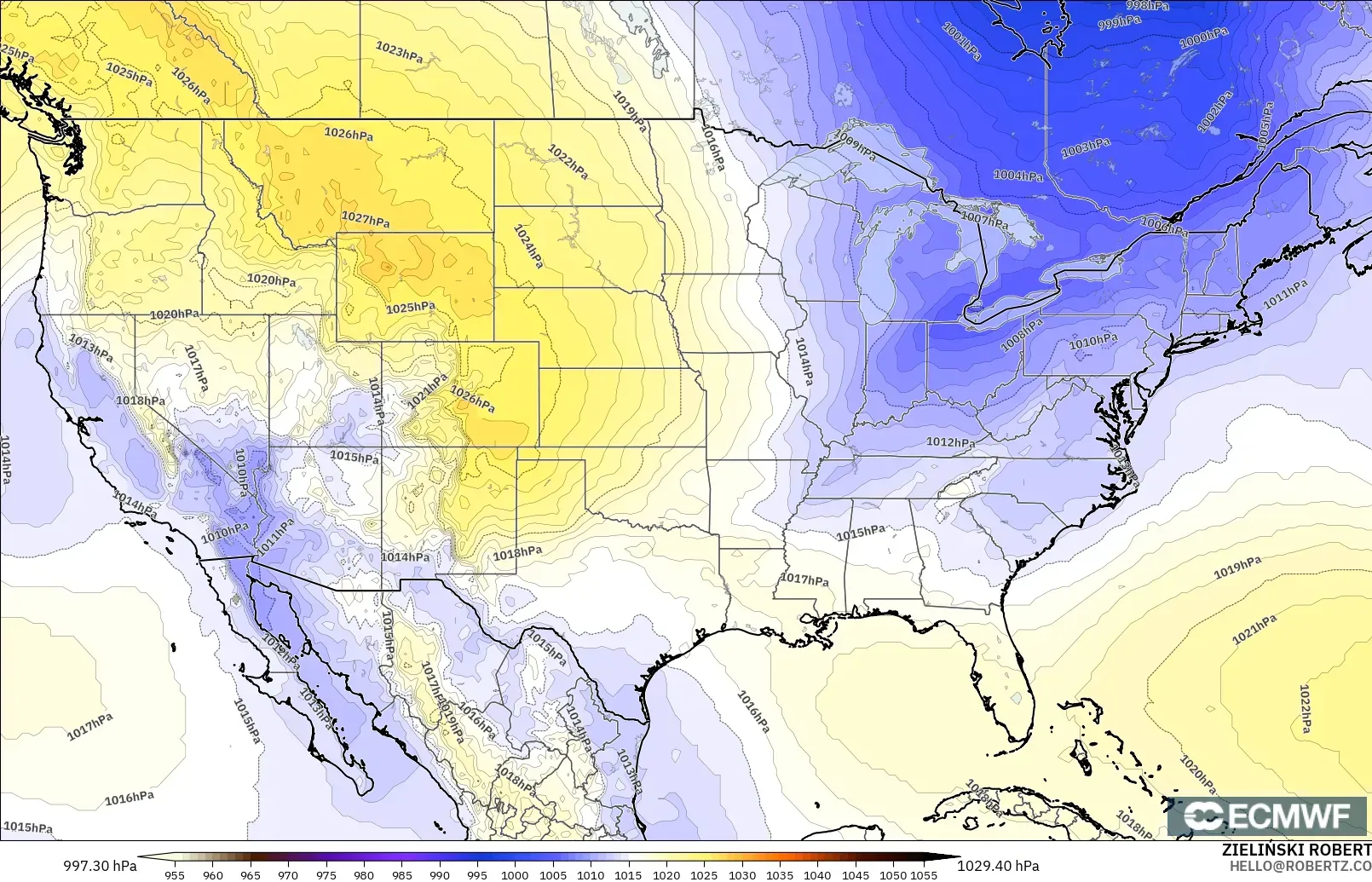 ECMWF IFS 0,25° modelo - Estados Unidos, Pressão