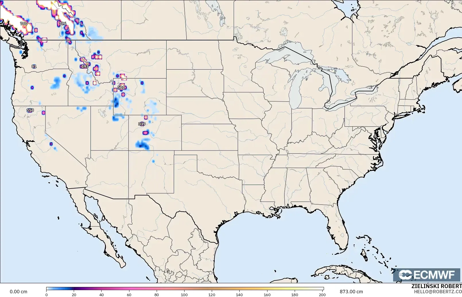 ECMWF IFS 0,25° modelo - Estados Unidos, Profundidade da neve