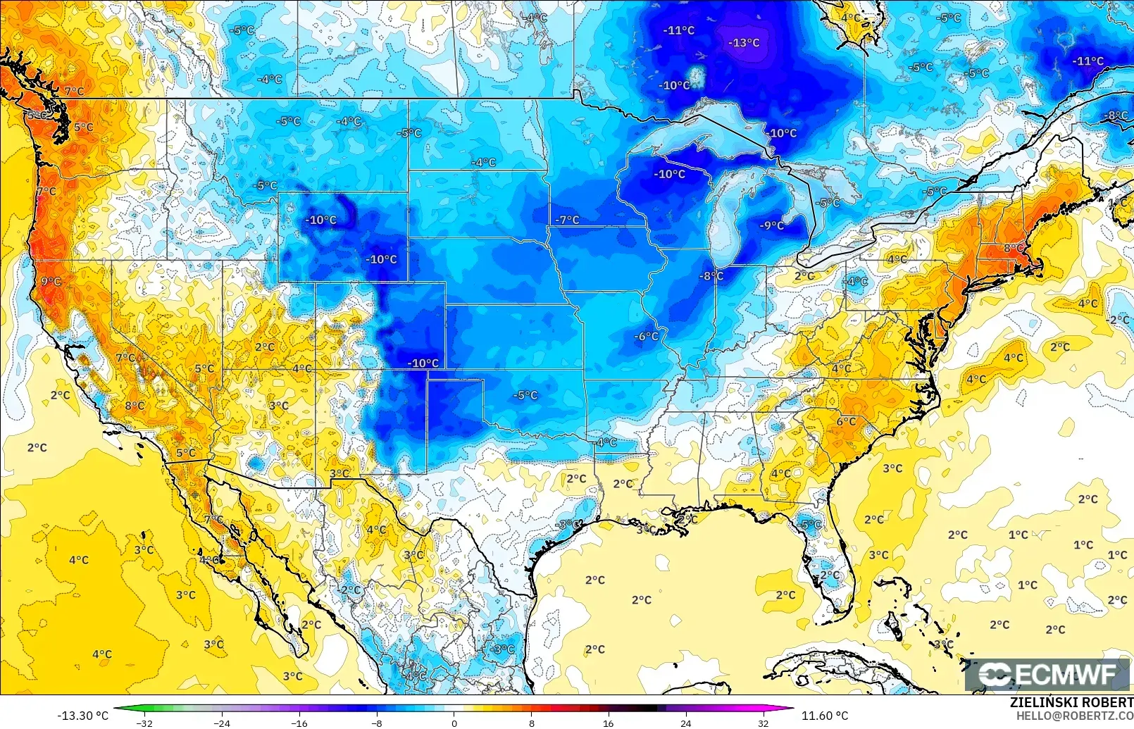 ECMWF IFS 0,25° modelo - Estados Unidos, Anomalia de temperatura a 2 m