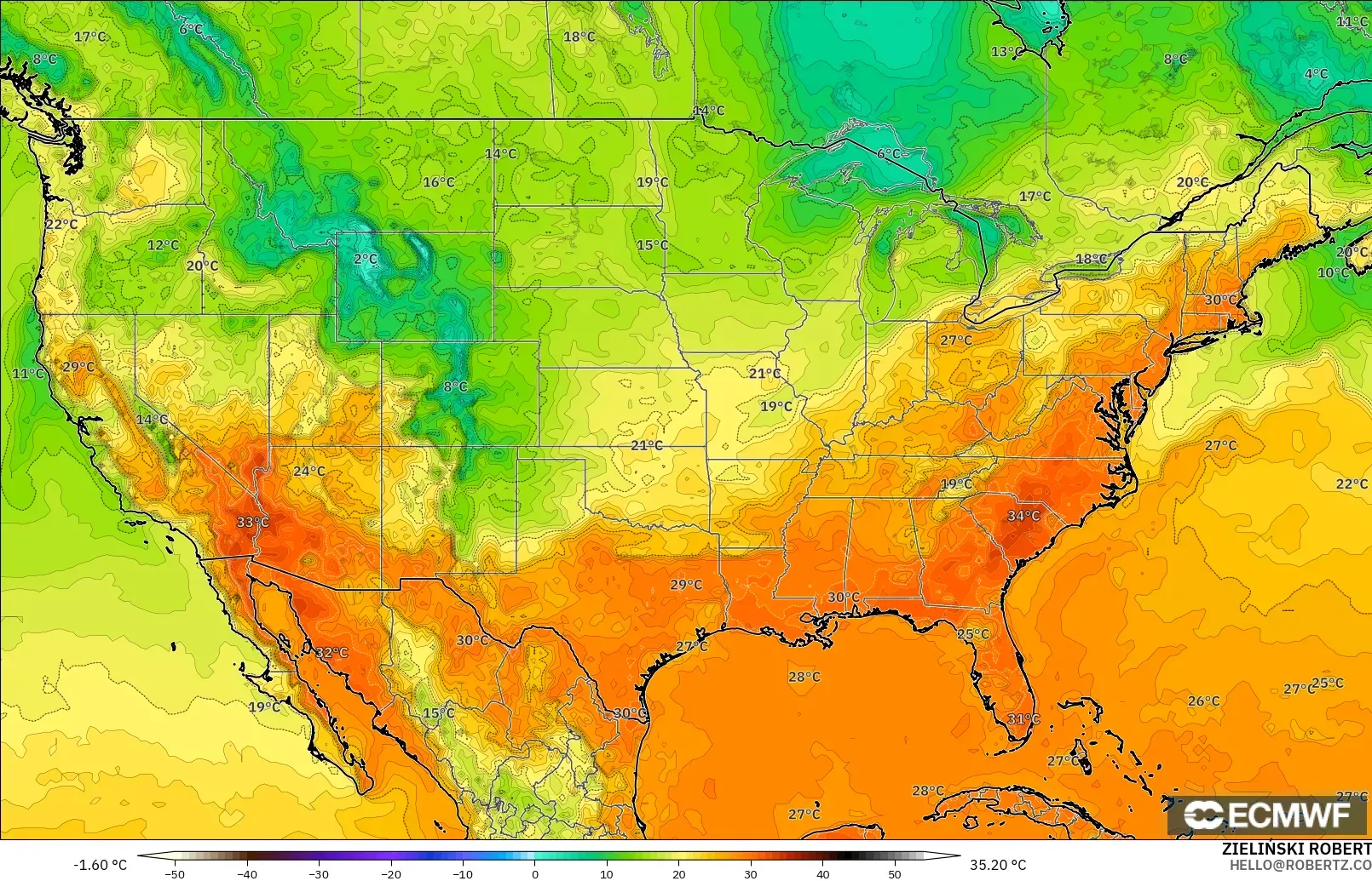 ECMWF IFS 0,25° modelo - Estados Unidos, Temperatura a 2 m