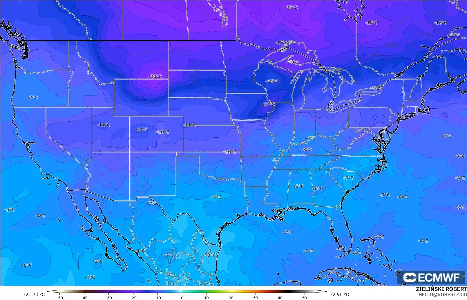 ECMWF IFS 0,25° modelo - Estados Unidos, Temperatura a 500 hPa