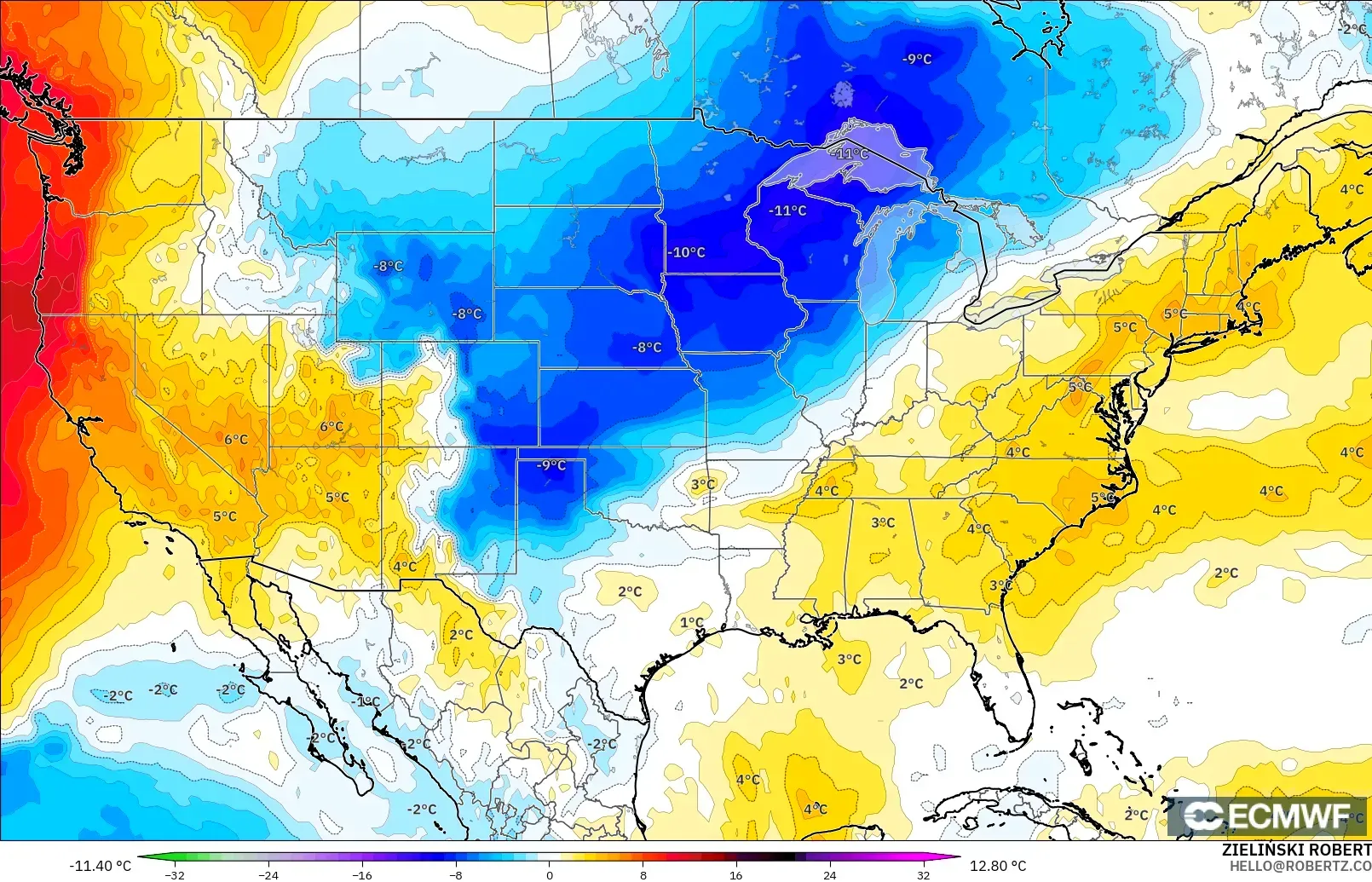 ECMWF IFS 0,25° modelo - Estados Unidos, Anomalia de temperatura a 850 hPa