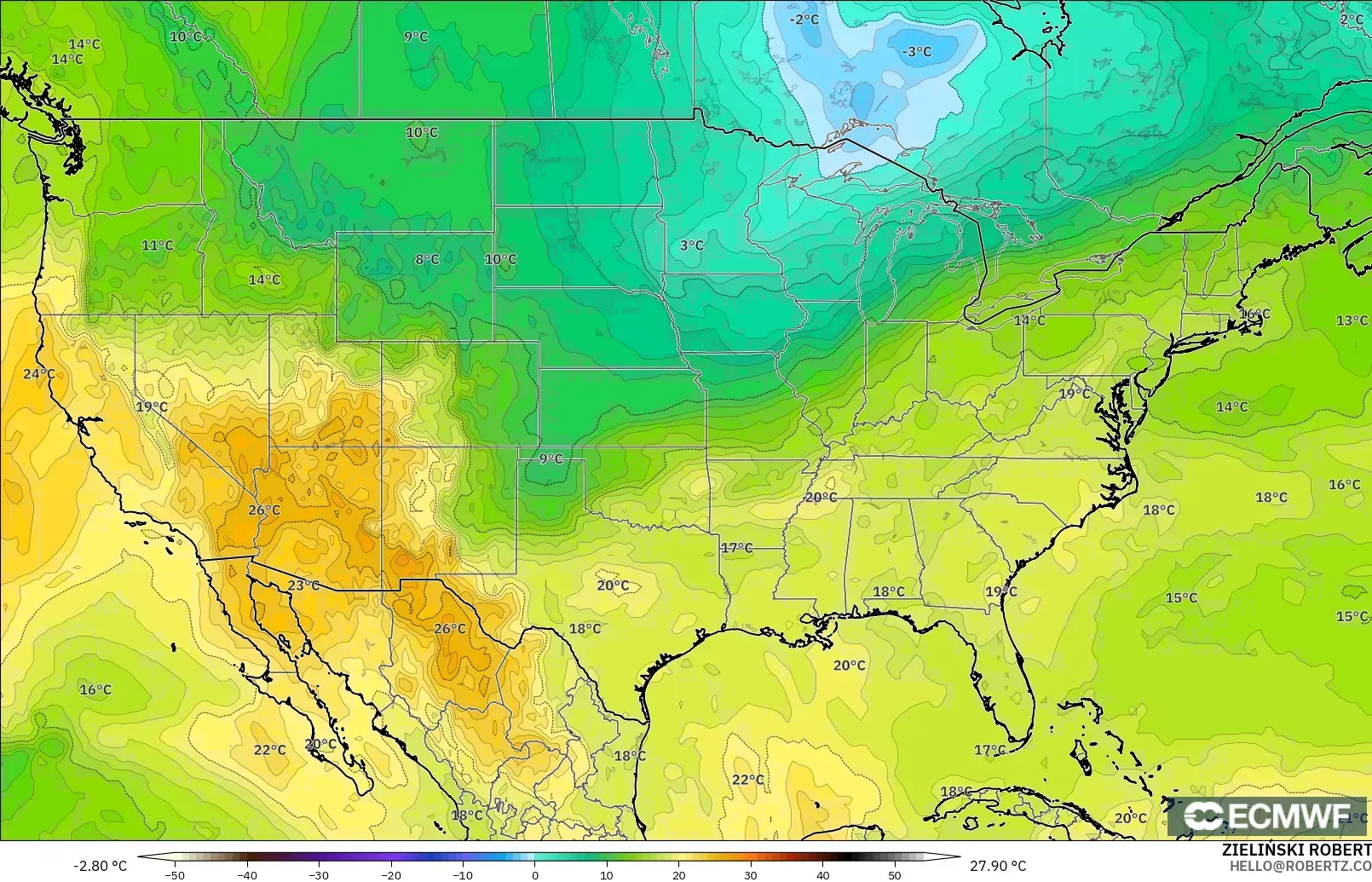 ECMWF IFS 0,25° modelo - Estados Unidos, Temperatura a 850 hPa