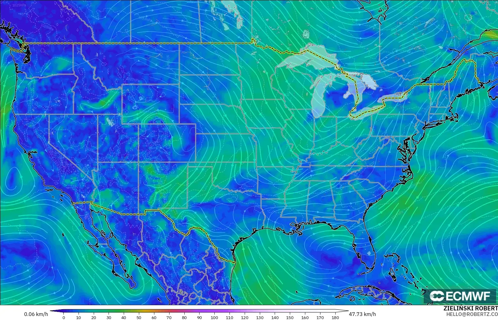 ECMWF IFS 0,25° modelo - Estados Unidos, Vento a 10 m