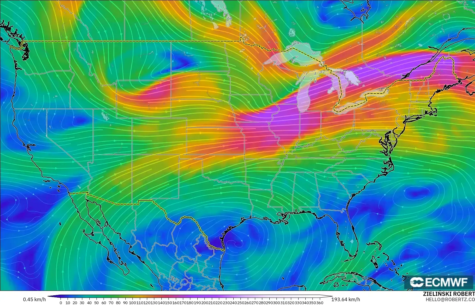 ECMWF IFS 0,25° modelo - Estados Unidos, Vento a 300 hPa (corrente em jato)