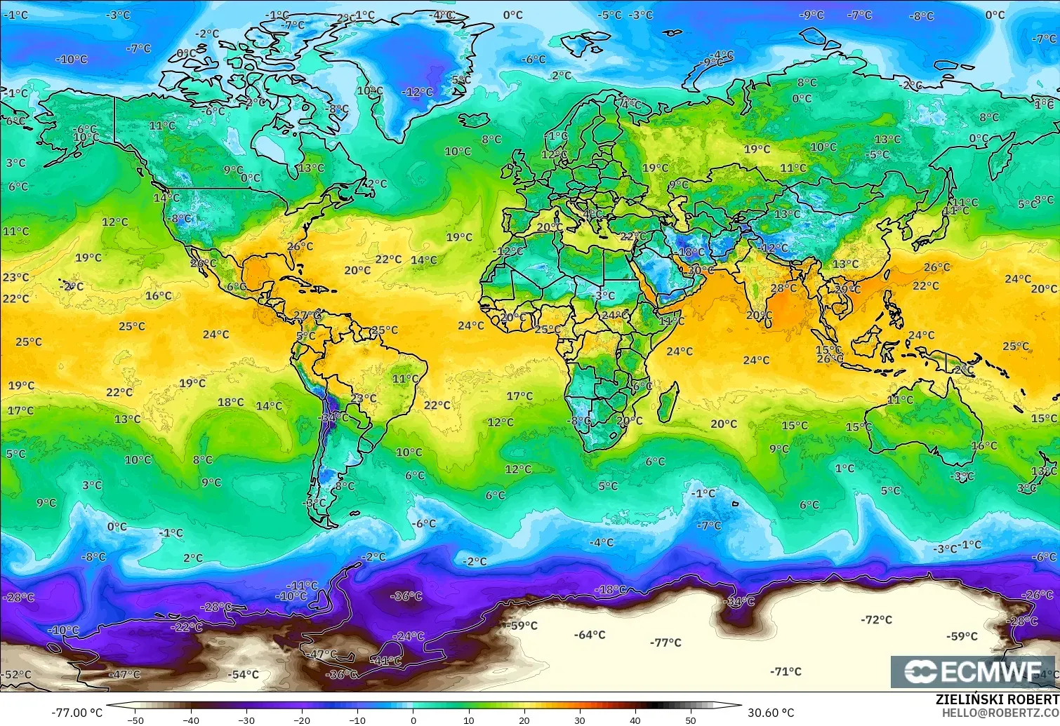 ECMWF IFS 0,25° modelo - Mundo, Ponto de orvalho a 2 m