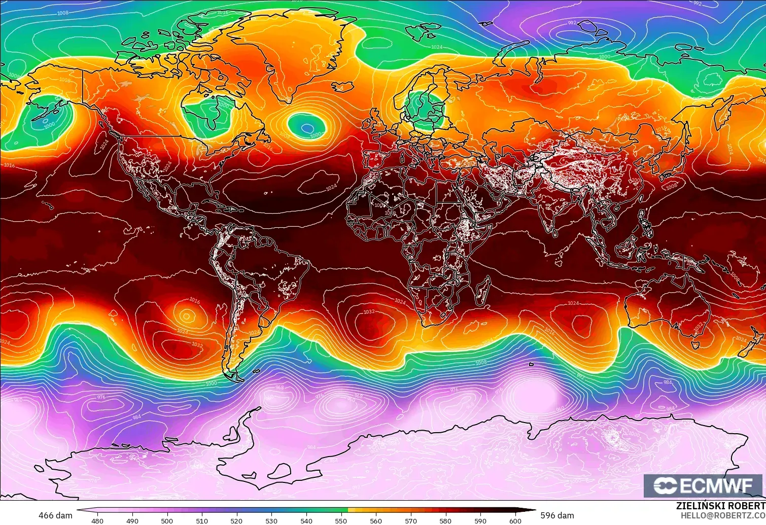 ECMWF IFS 0,25° modelo - Mundo, Altura geopotencial a 500 hPa