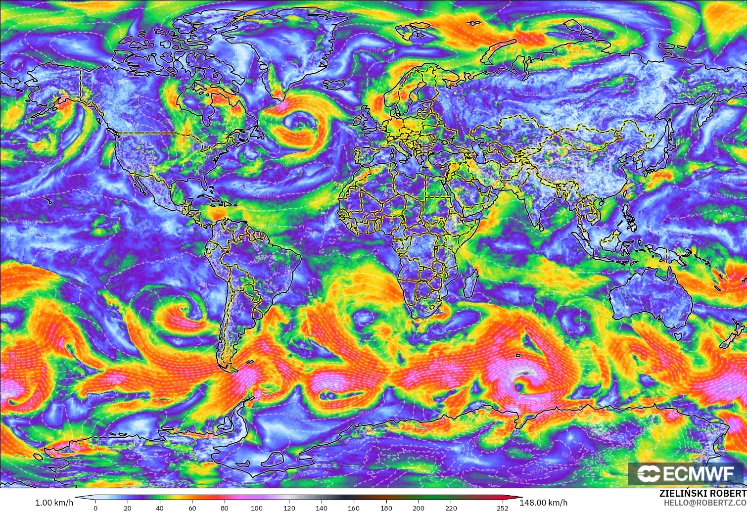 ECMWF IFS 0,25° modelo - Mundo, Rajadas de Vento Máximas