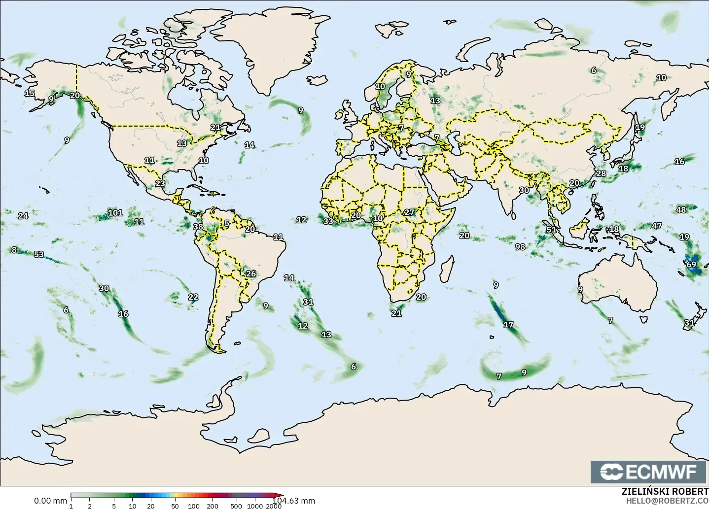 ECMWF IFS 0,25° modelo - Mundo, Acúmulo de precipitação