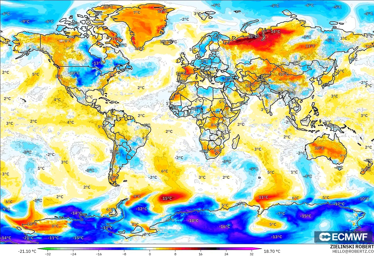 ECMWF IFS 0,25° modelo - Mundo, Anomalia de temperatura a 2 m
