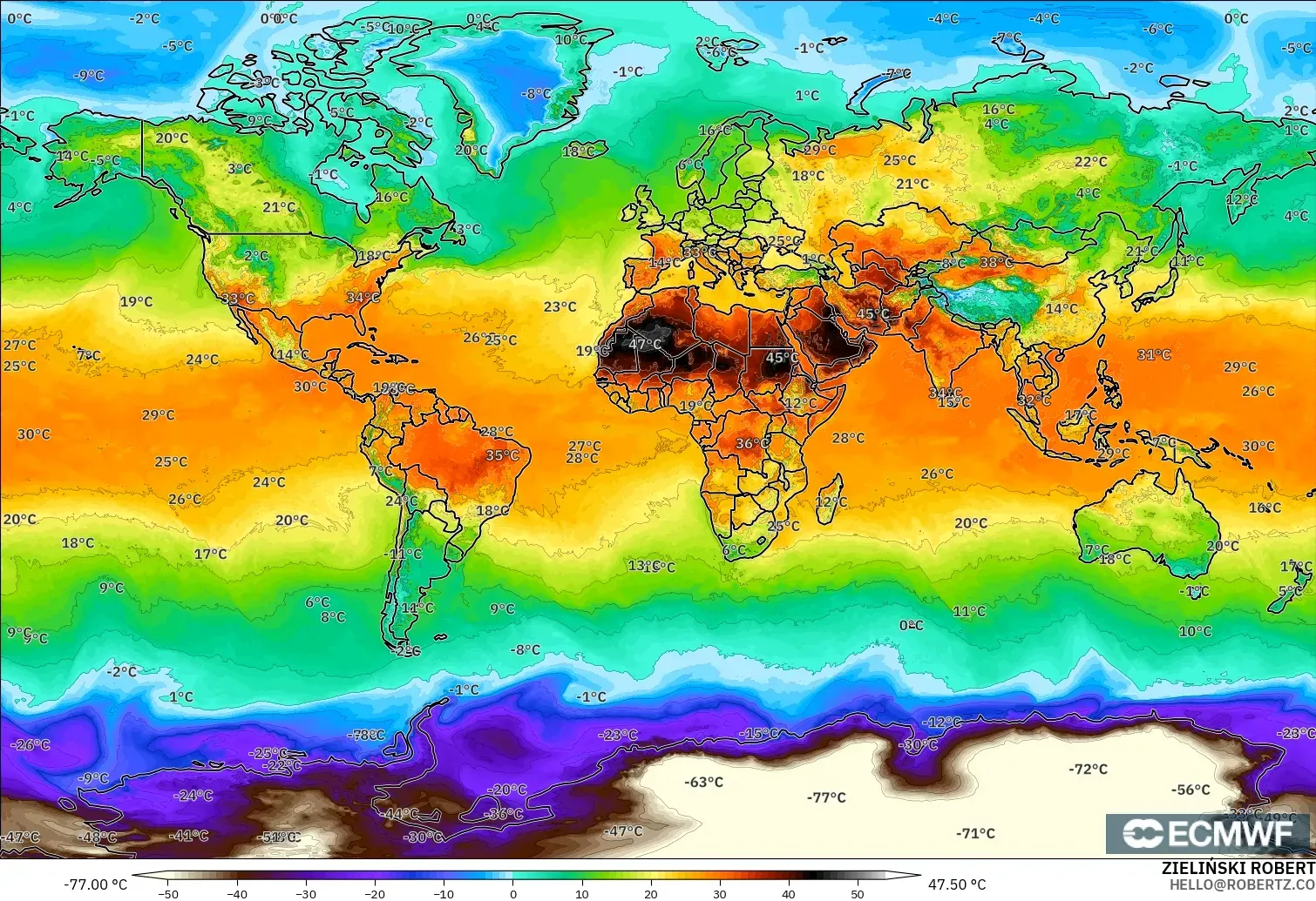 ECMWF IFS 0,25° modelo - Mundo, Temperatura a 2 m