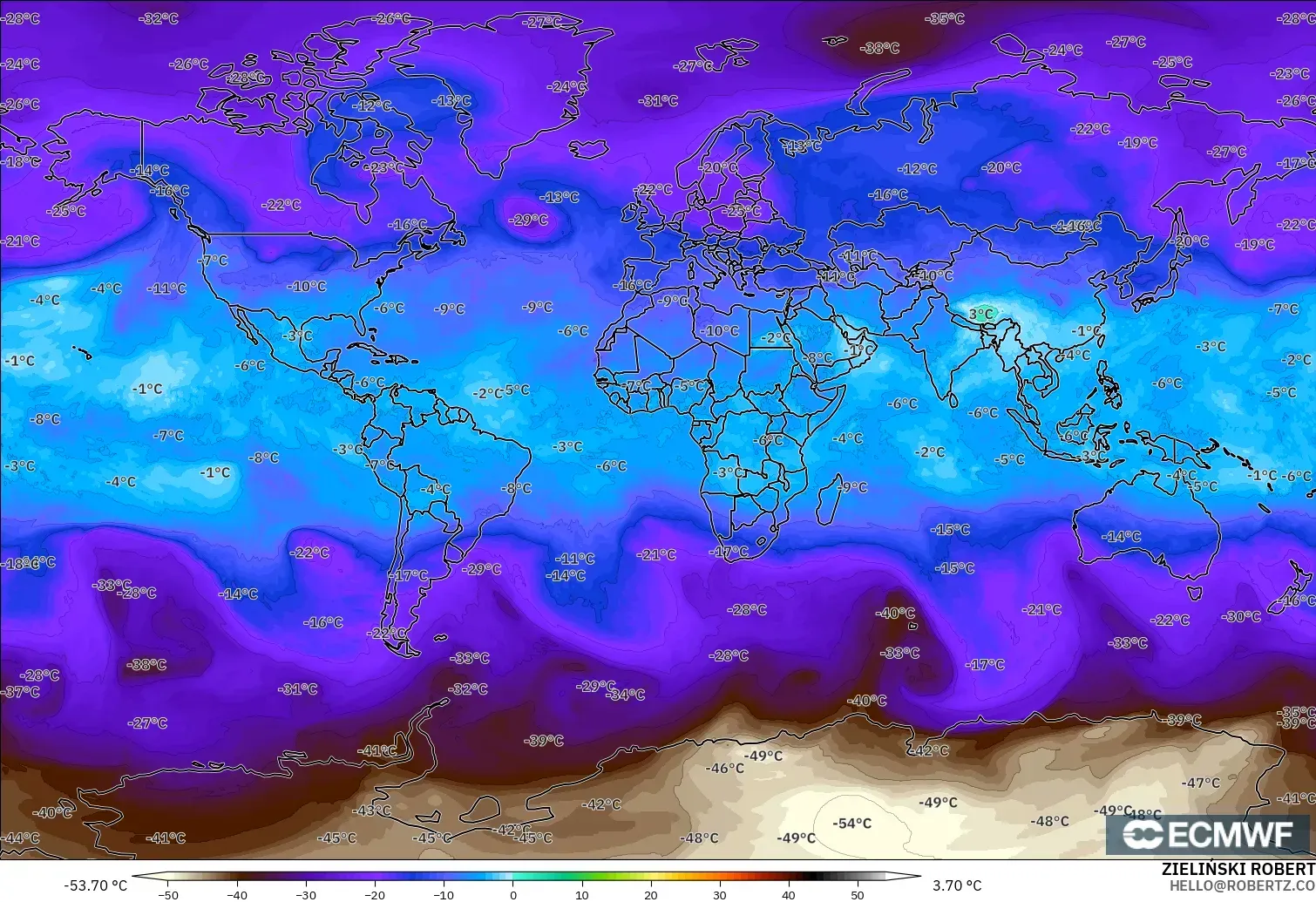 ECMWF IFS 0,25° modelo - Mundo, Temperatura a 500 hPa