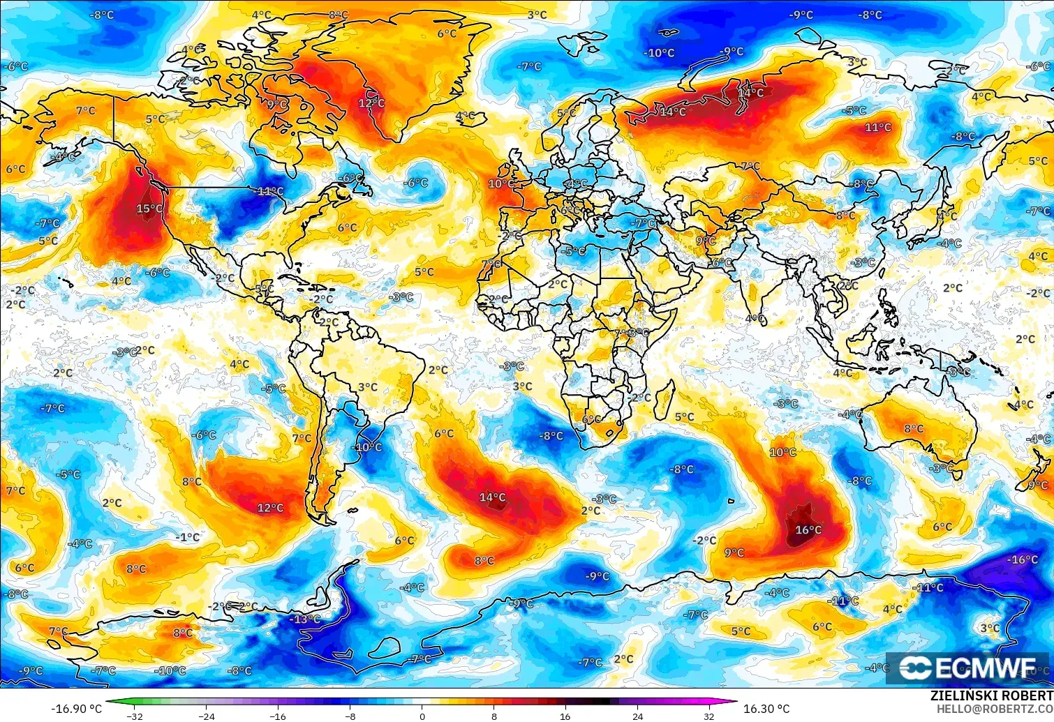 ECMWF IFS 0,25° modelo - Mundo, Anomalia de temperatura a 850 hPa