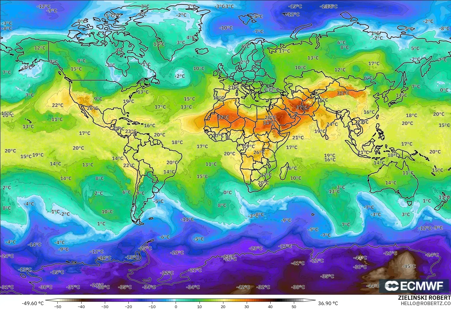ECMWF IFS 0,25° modelo - Mundo, Temperatura a 850 hPa