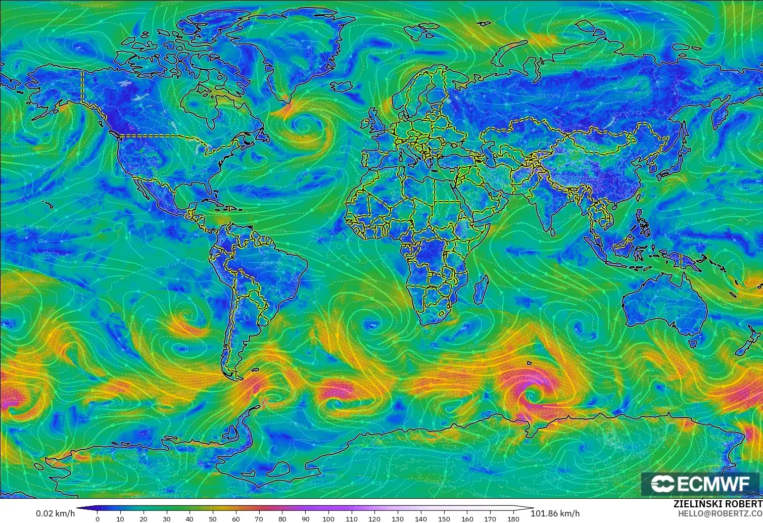 ECMWF IFS 0,25° modelo - Mundo, Vento a 10 m