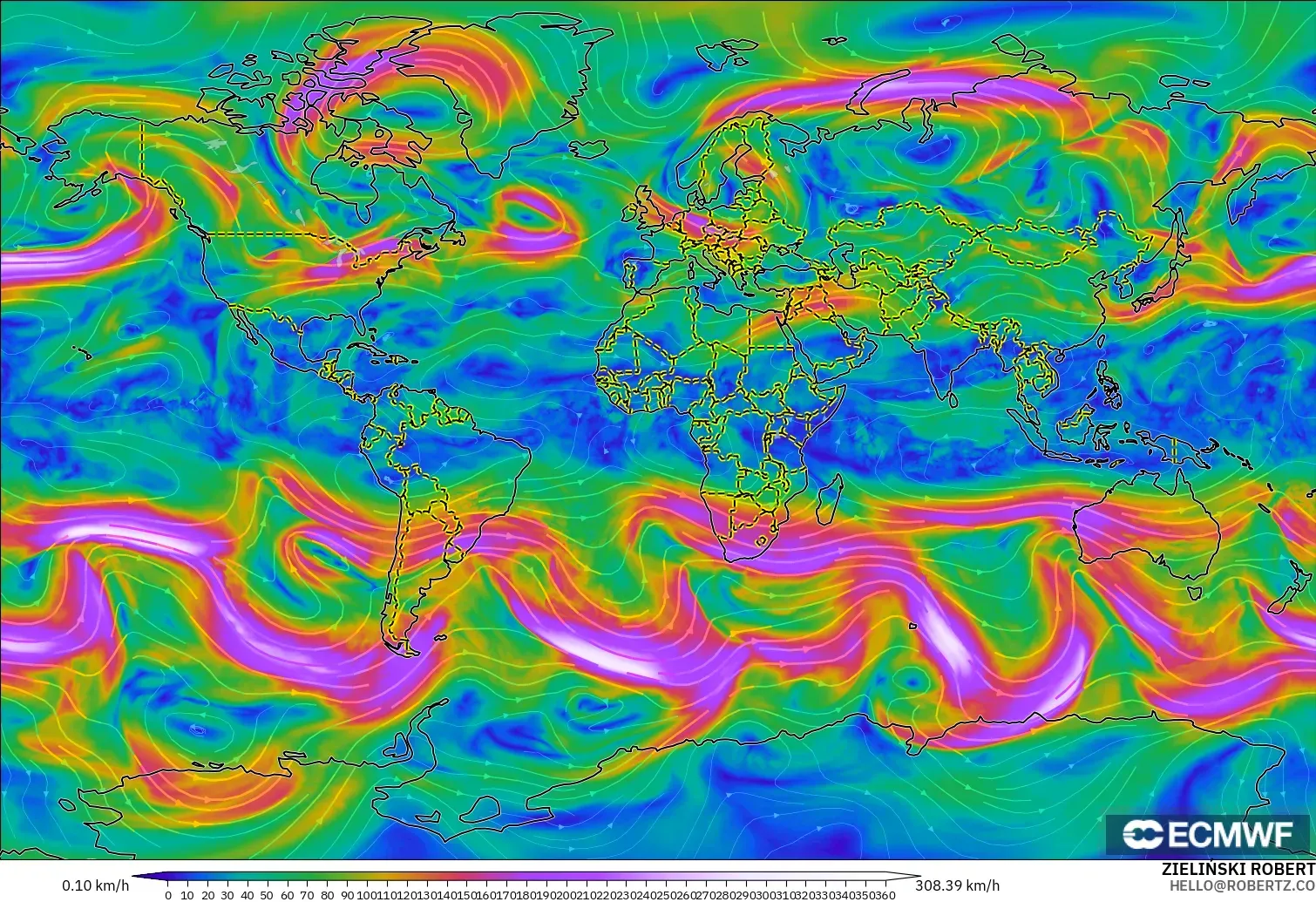 ECMWF IFS 0,25° modelo - Mundo, Vento a 300 hPa (corrente em jato)
