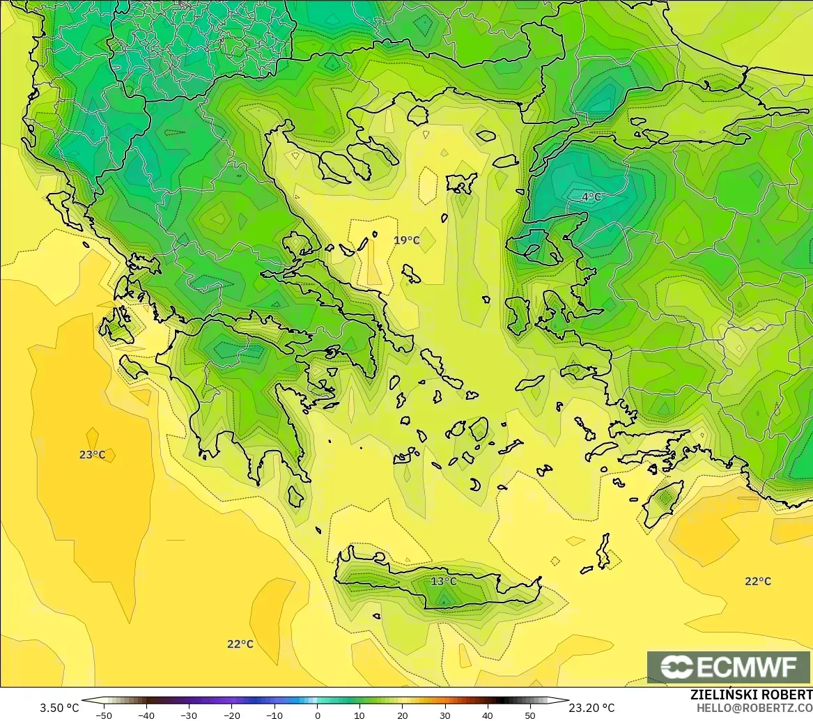ECMWF IFS 0,25° modelo - Grécia, Ponto de orvalho a 2 m