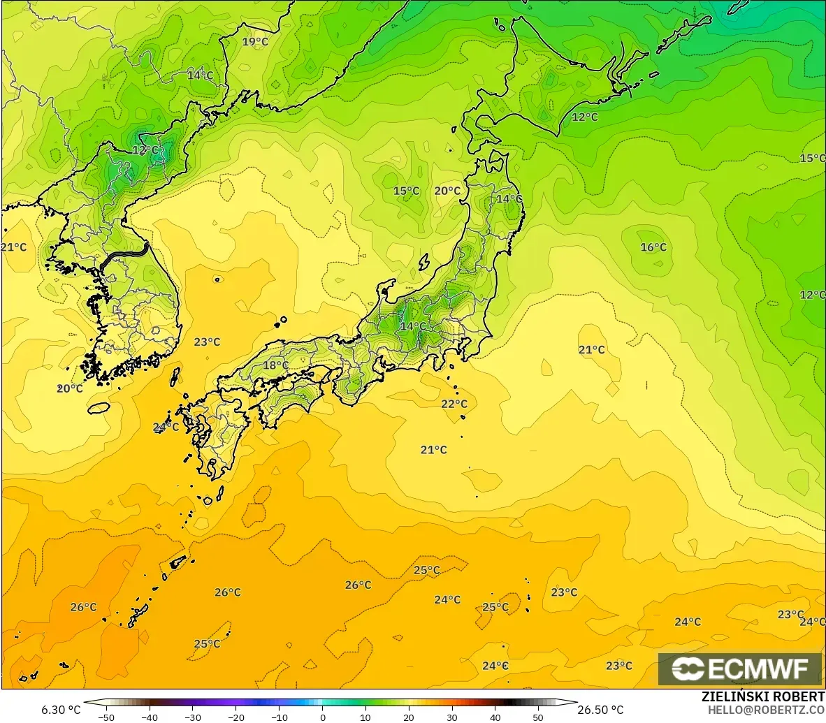 ECMWF IFS 0,25° modelo - Japão, Ponto de orvalho a 2 m