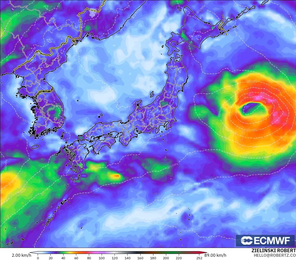 ECMWF IFS 0,25° modelo - Japão, Rajadas de Vento Máximas