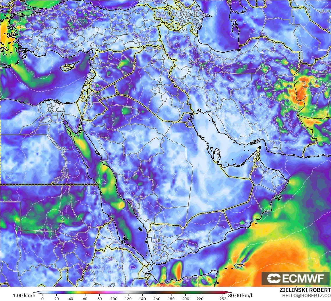 ECMWF IFS 0,25° modelo - Oriente Médio, Rajadas de Vento Máximas