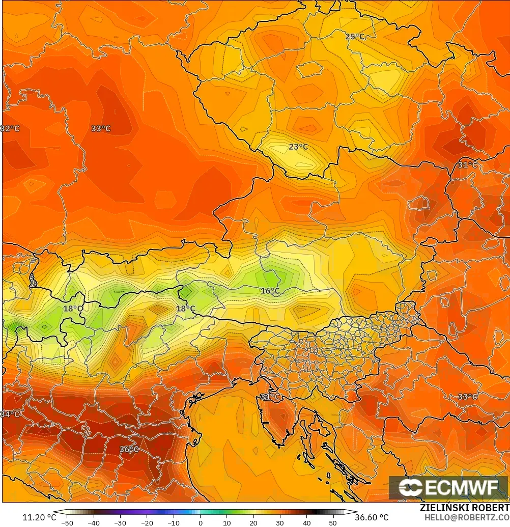 ECMWF IFS 0,25° modelo - Áustria, Temperatura a 2 m